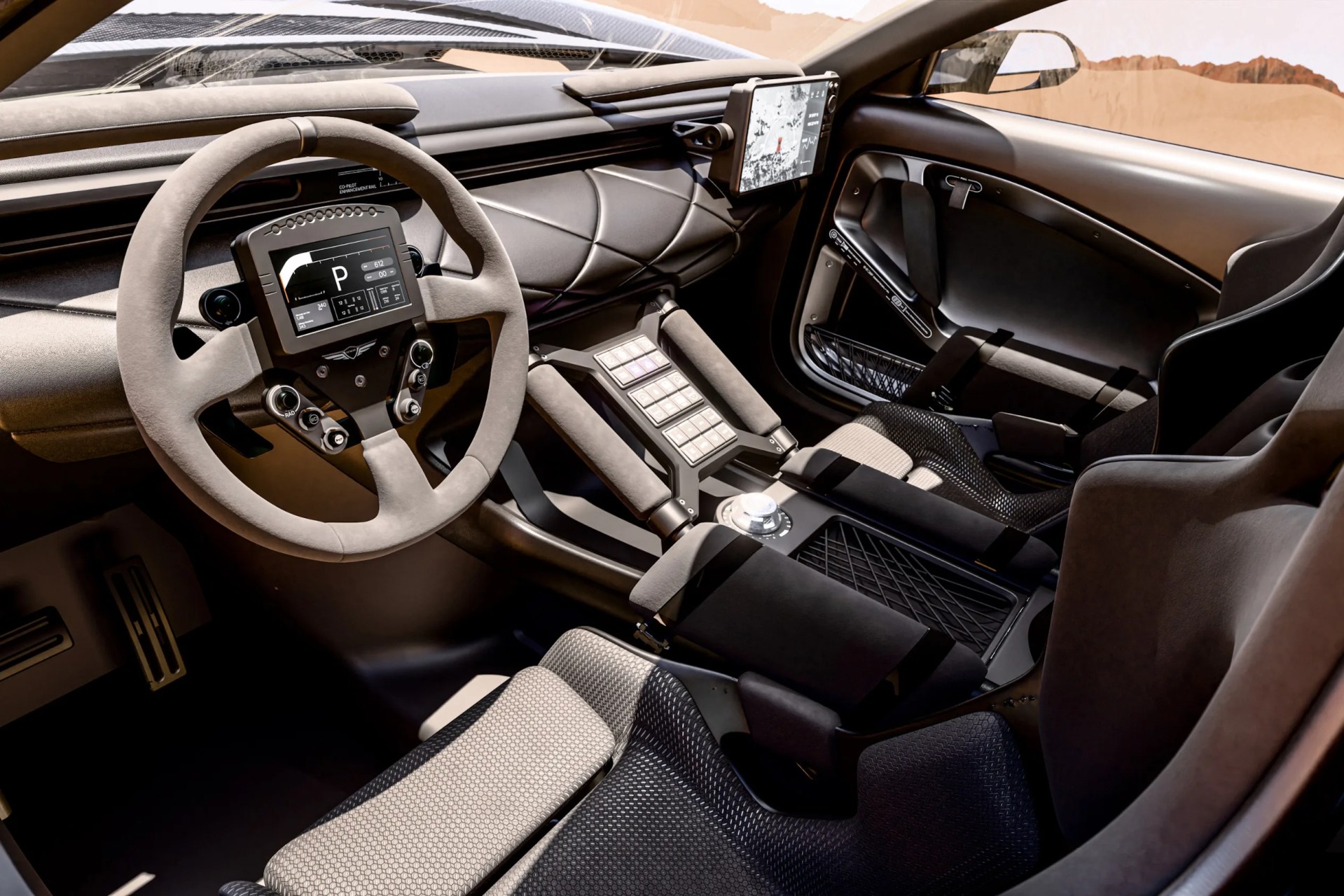 Futuristic car interior with suede steering wheel, digital dashboard, padded armrests, and mesh racing seats.