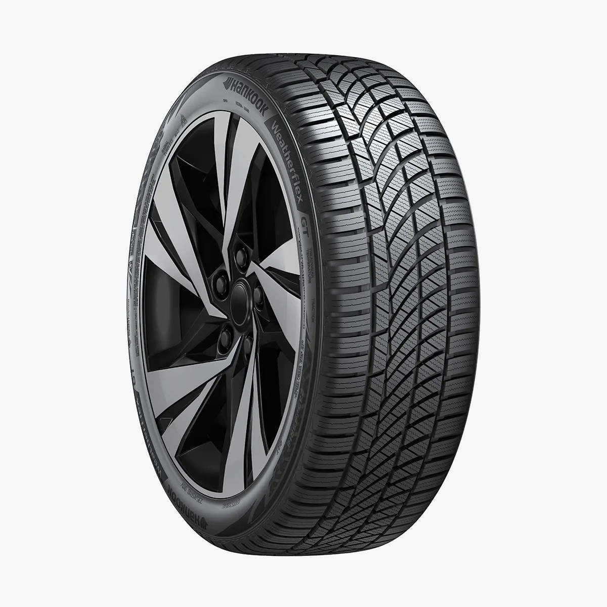 Black and silver alloy wheel with a Hankook Weatherflex GT tire showing detailed tread pattern.