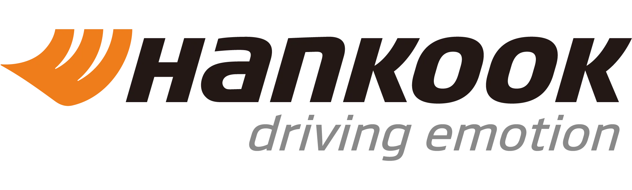 Hankook logo with an orange stylized wing and black text "Hankook" above gray italic text "driving emotion".