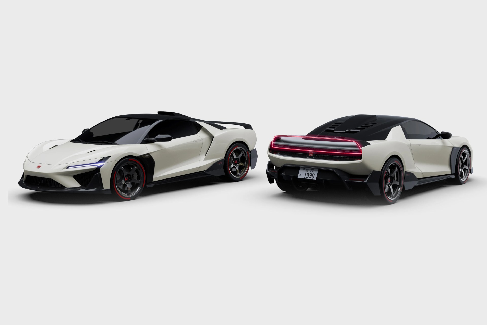 Two white and black Honda NSX Type S sports cars shown from front-left and rear-right angles on a plain background.
