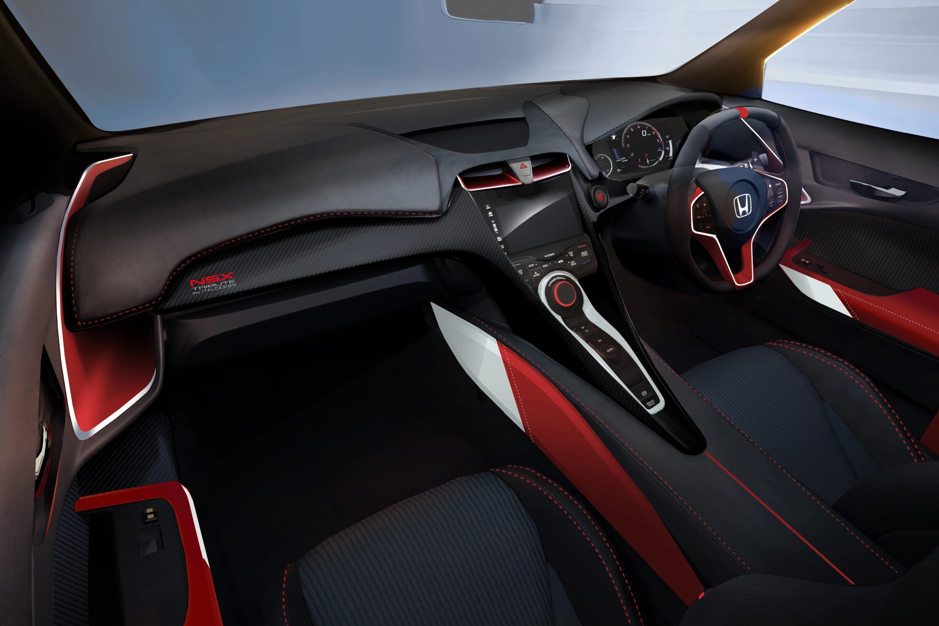 Interior of a Honda NSX Type S with black and red leather, carbon fiber accents, and a digital dashboard.