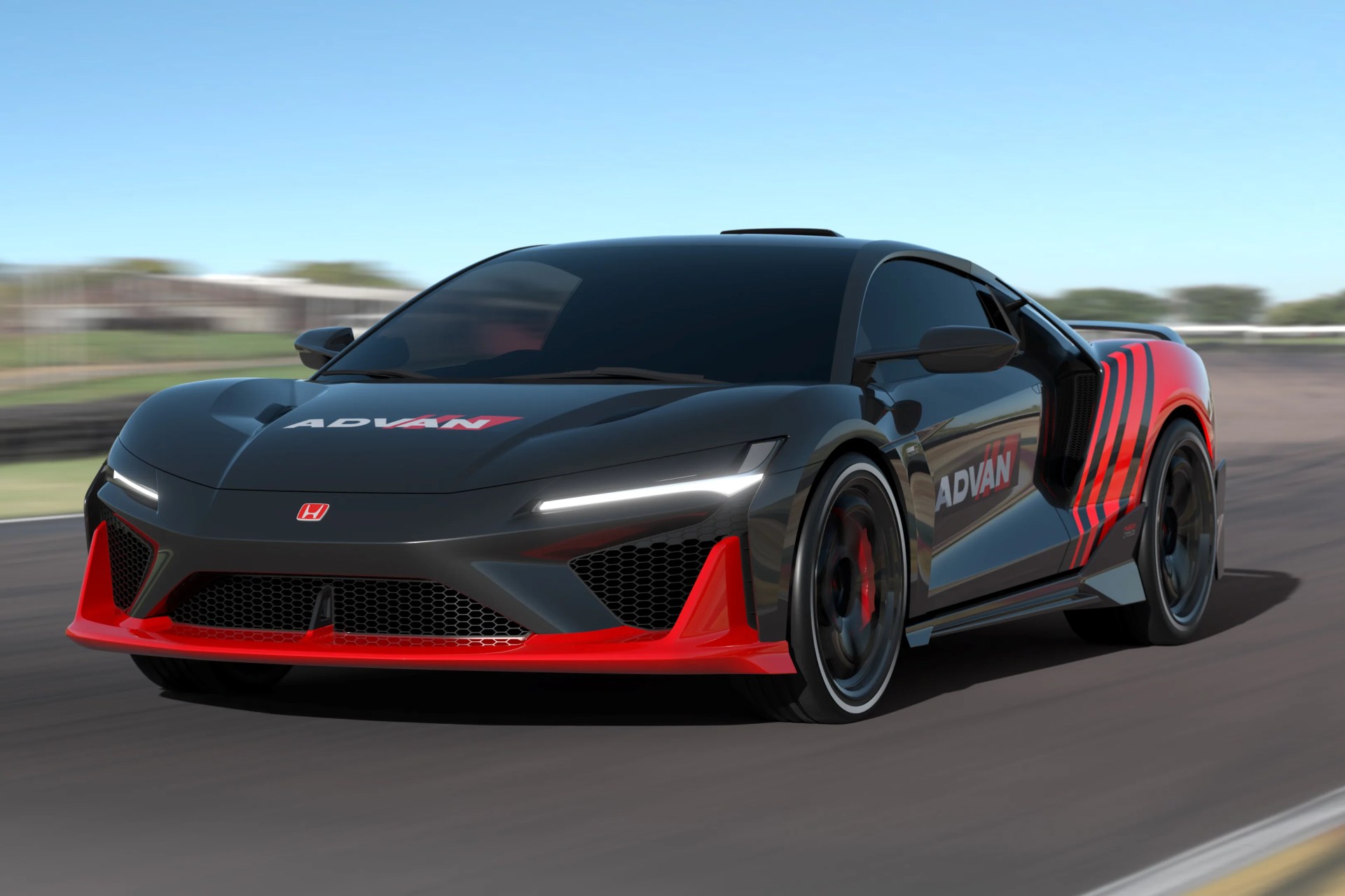 Black and red Honda sports car with ADVAN decals driving on a racetrack.