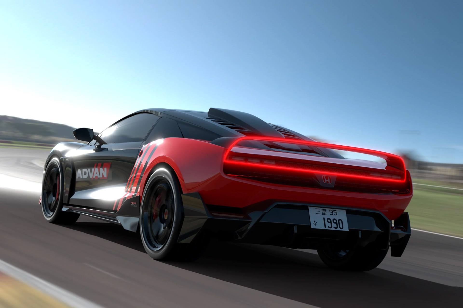 Red and black Honda NSX sports car with glowing rear lights and ADVAN logo on the side, driving on a racetrack.