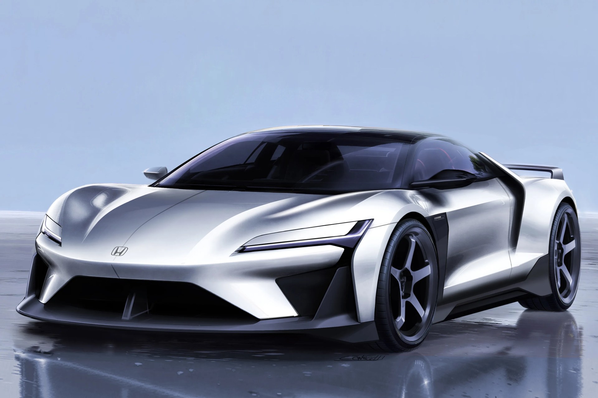 Silver Honda sports car with sleek aerodynamic design and black accents on wet reflective surface.
