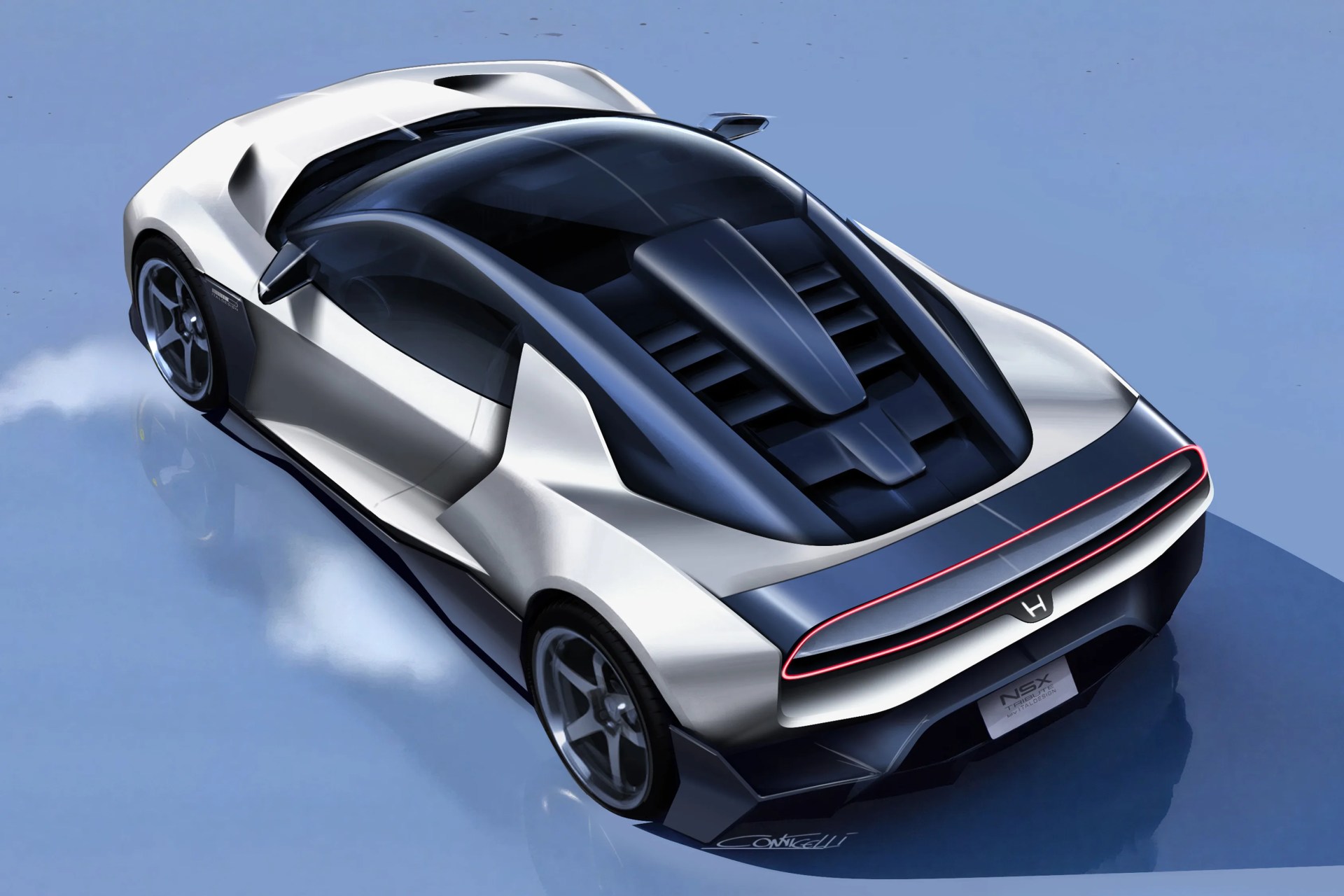 Silver and black futuristic sports car with tinted windows and rear light strip on a reflective blue surface.