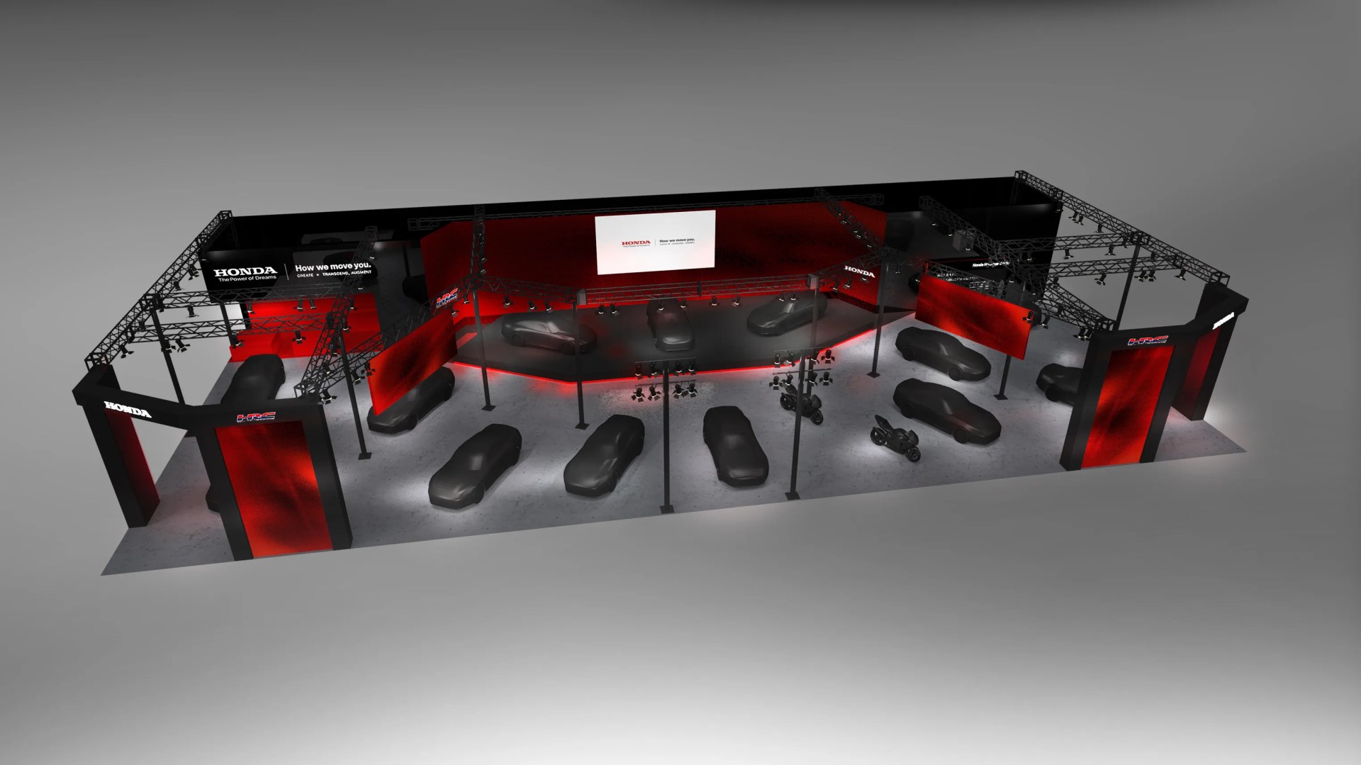 Honda exhibition booth with covered cars and motorcycles under red and white lighting.