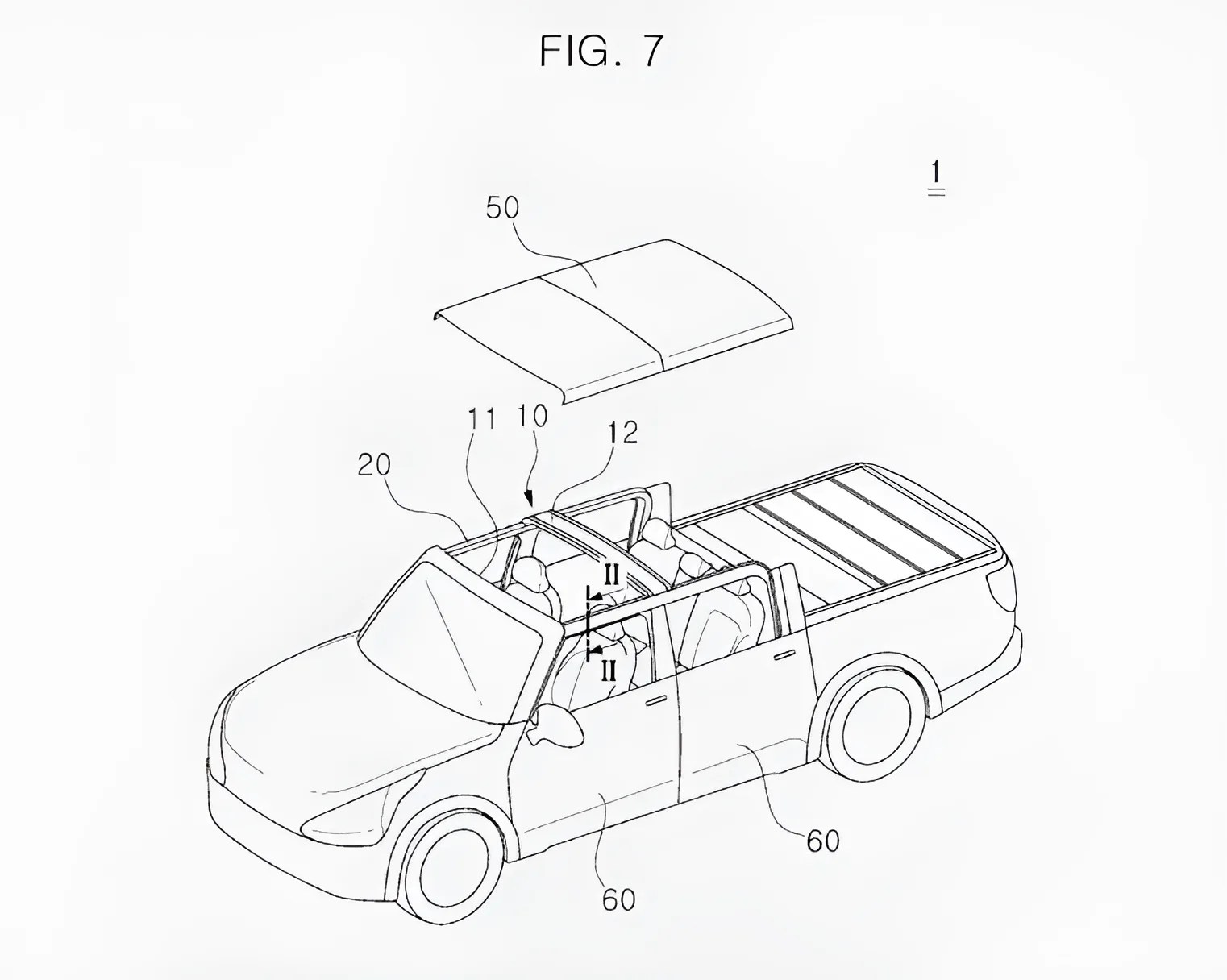 Line drawing of a pickup truck with a removable roof panel labeled 50 positioned above the cabin.