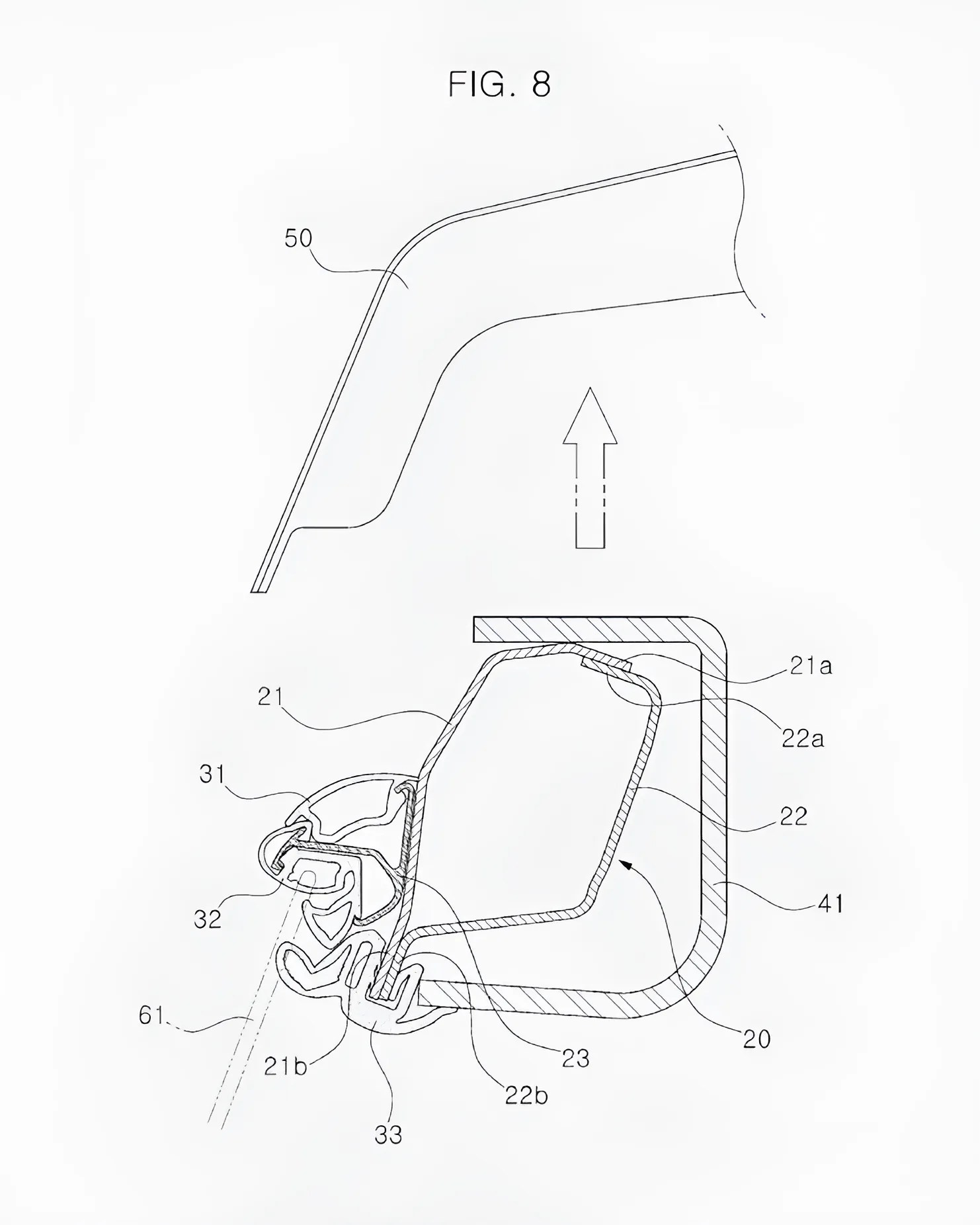 Technical cross-sectional drawing of a multi-part sealing or gasket assembly with labeled components and an upward arrow indicating direction.