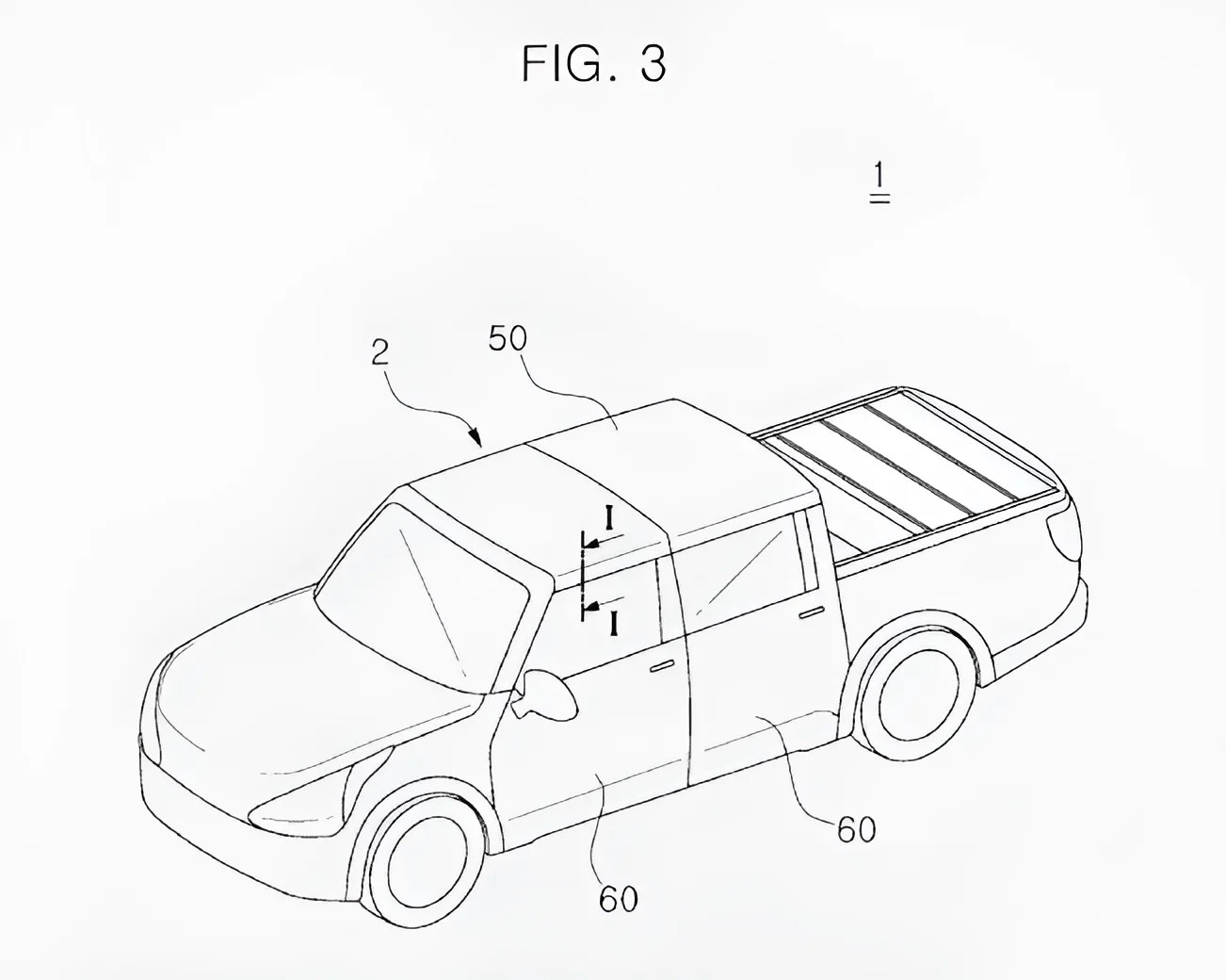 Line drawing of a pickup truck with labels on the roof (50) and doors (60).