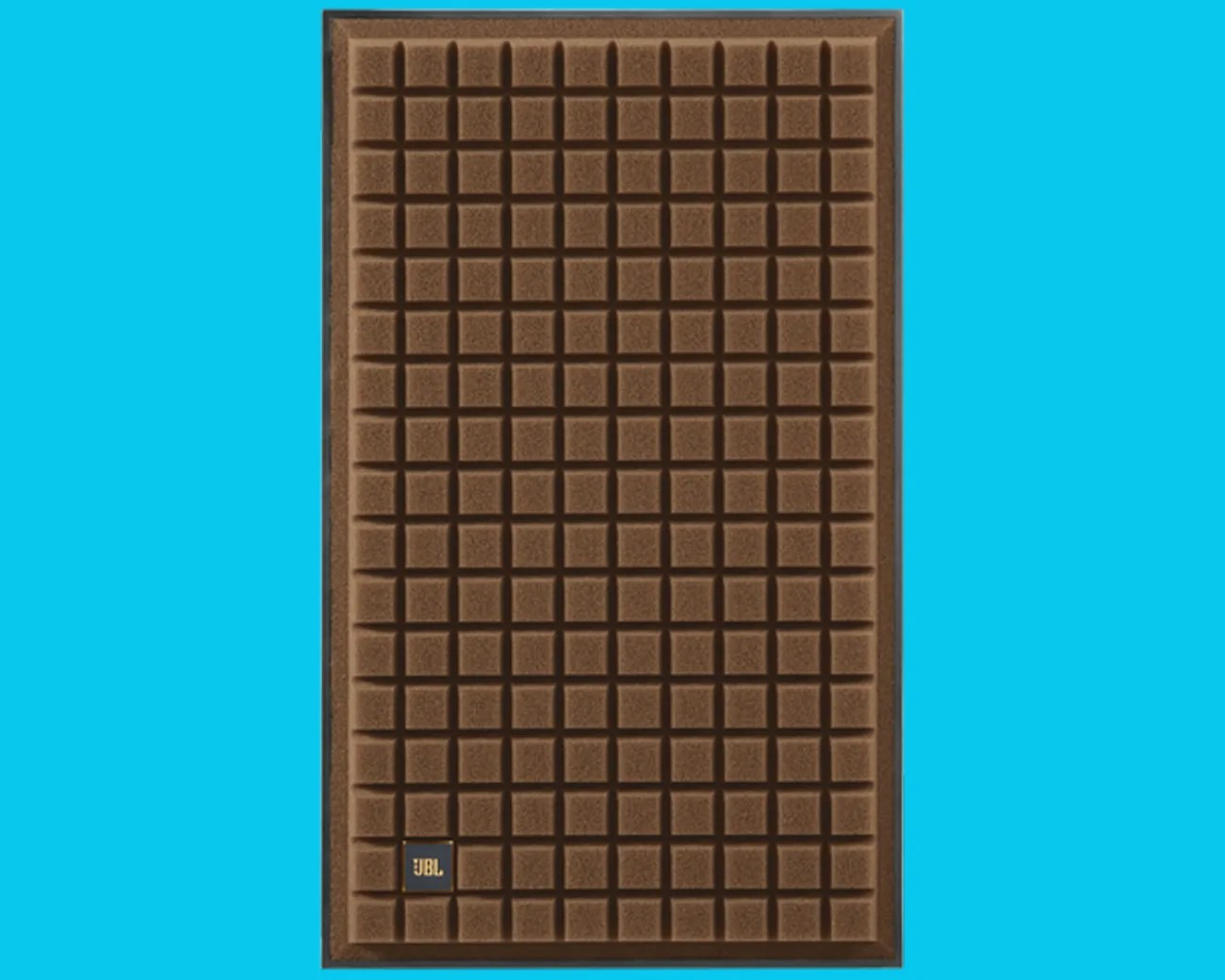 Brown JBL speaker grille with a textured square pattern on a blue background.