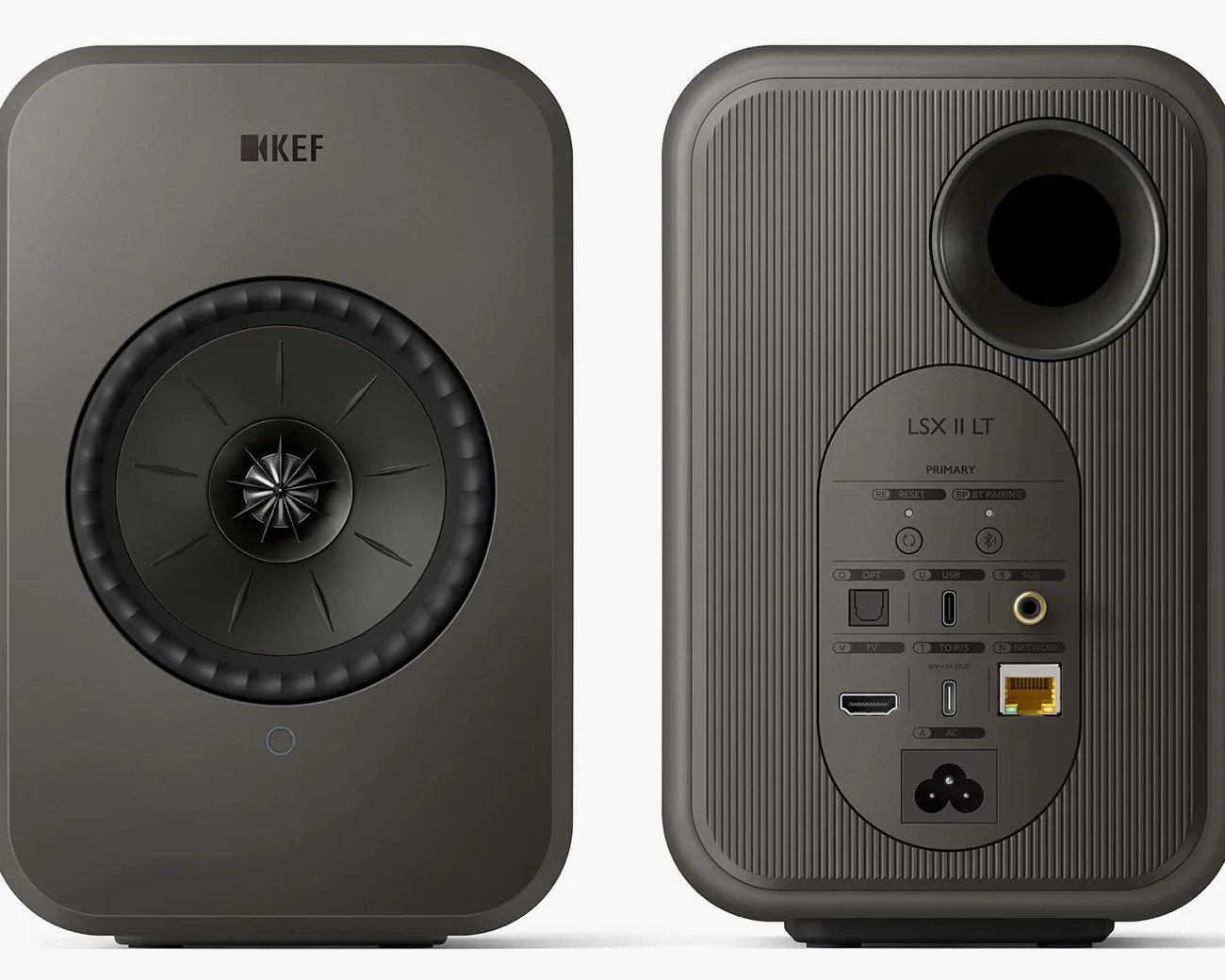 Front and back views of a dark gray KEF LSX II LT speaker showing the driver and various input/output ports.