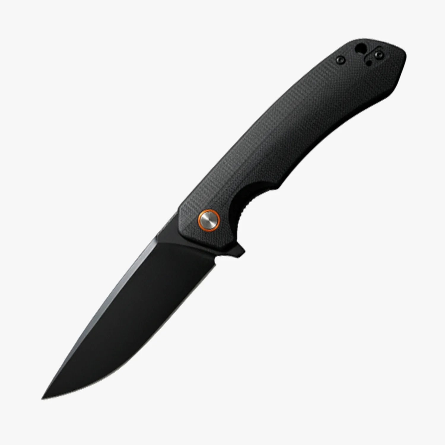 Black folding knife with textured handle and partially serrated blade.