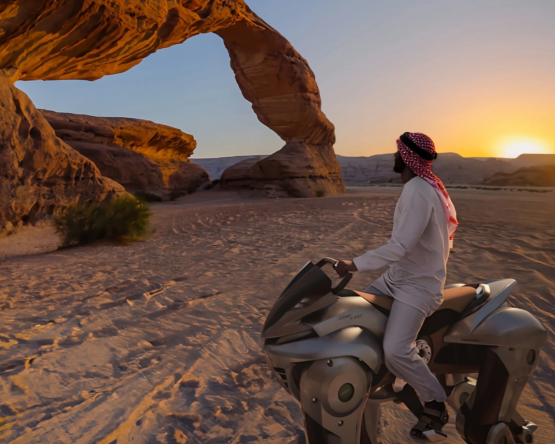 Person wearing traditional Middle Eastern attire riding a futuristic robotic motorcycle in a desert at sunset.