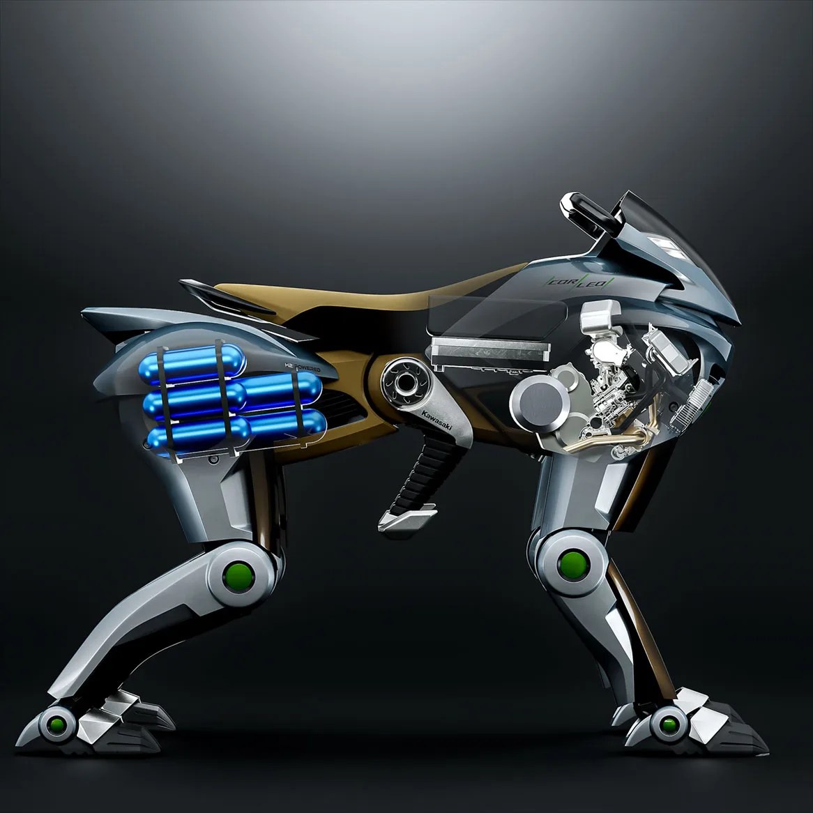 Robotic dog with metallic legs, blue cylindrical tanks on the rear, and mechanical components visible in the front section.