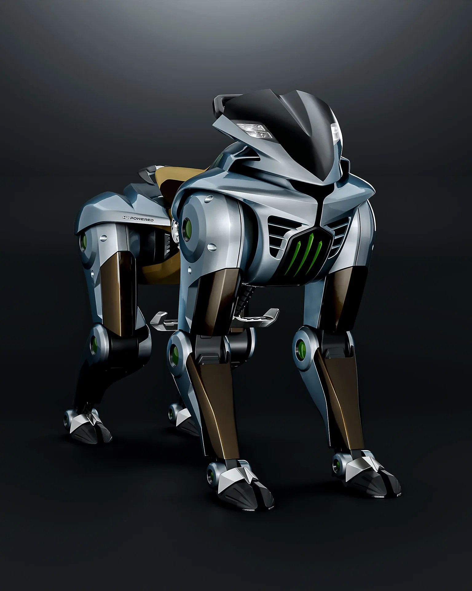 Four-legged robotic dog with metallic silver and black body and green accents on a dark background.