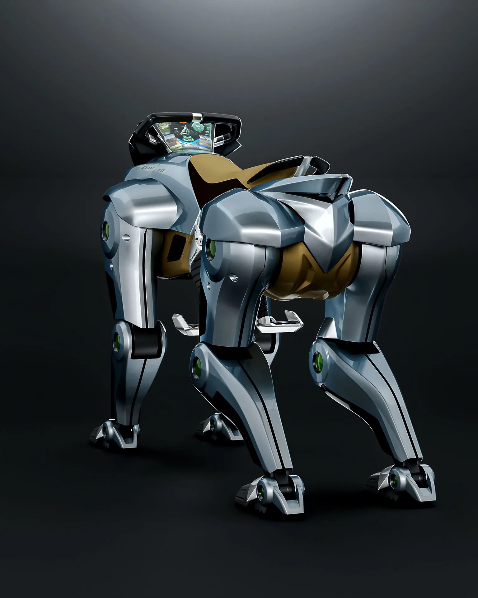 Futuristic quadruped robot with metallic silver legs and a brown central body against a dark background.