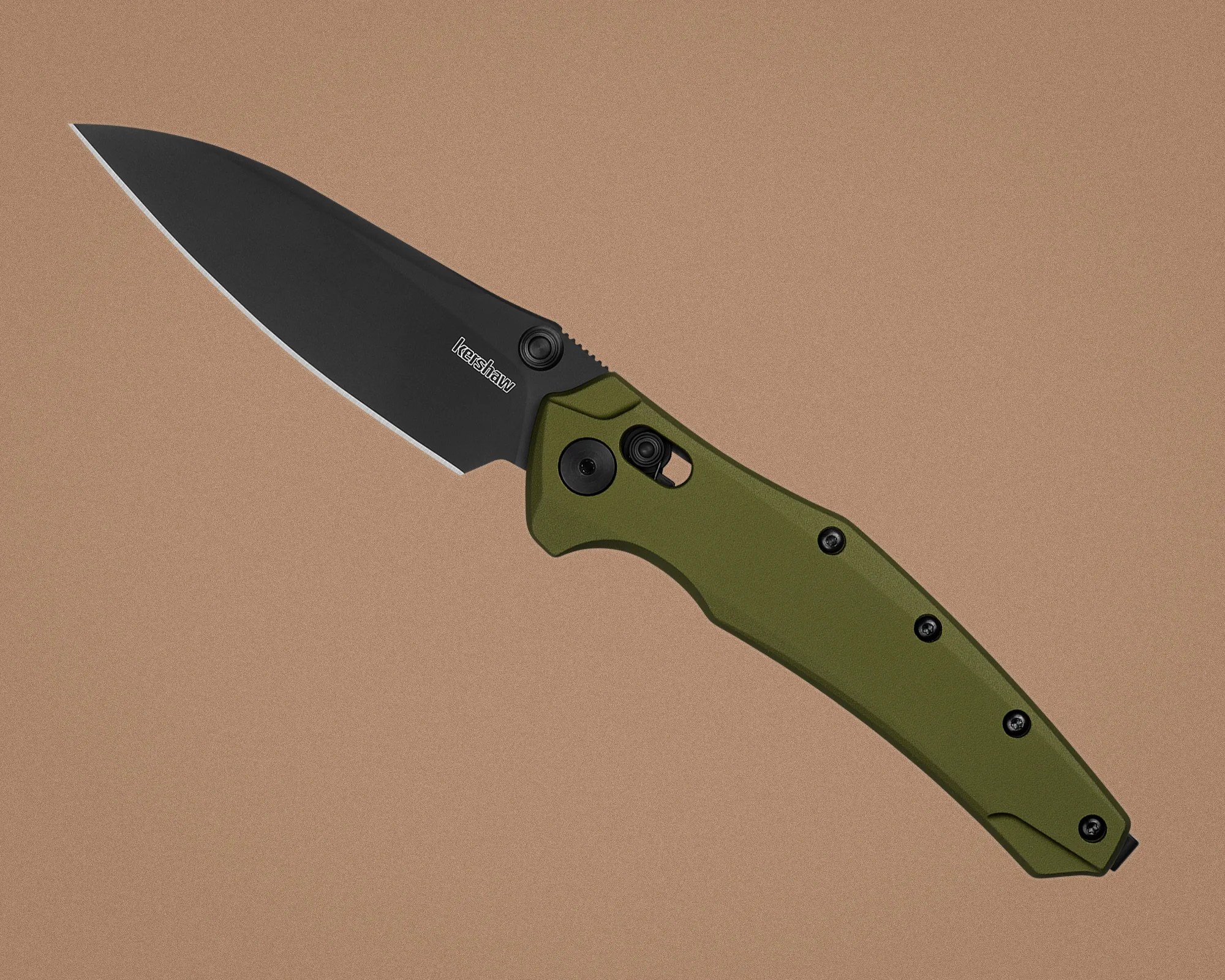 Folding knife with black blade and olive green handle on a brown background.
