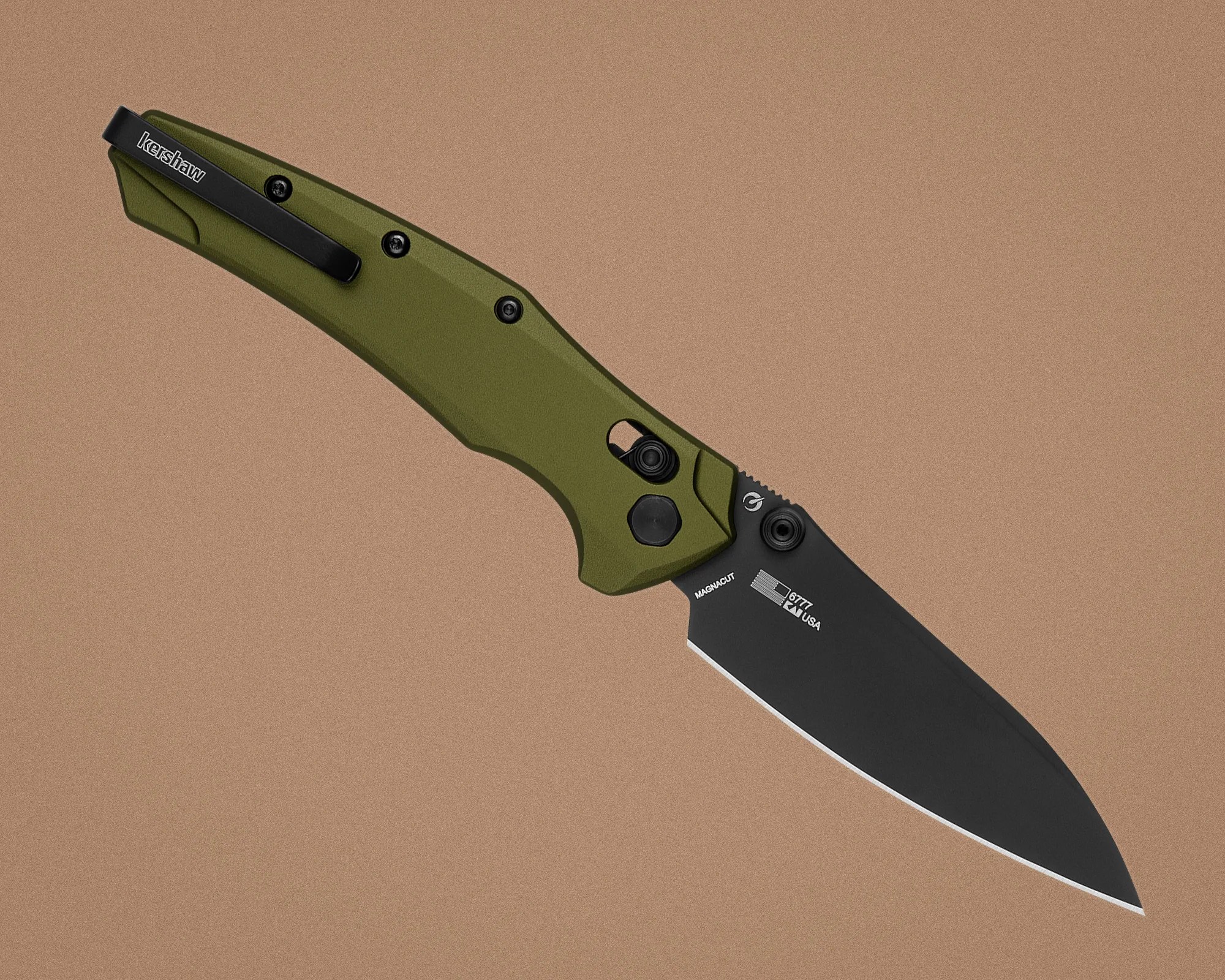 Folding knife with black blade and olive green handle featuring a black clip and locking mechanism.