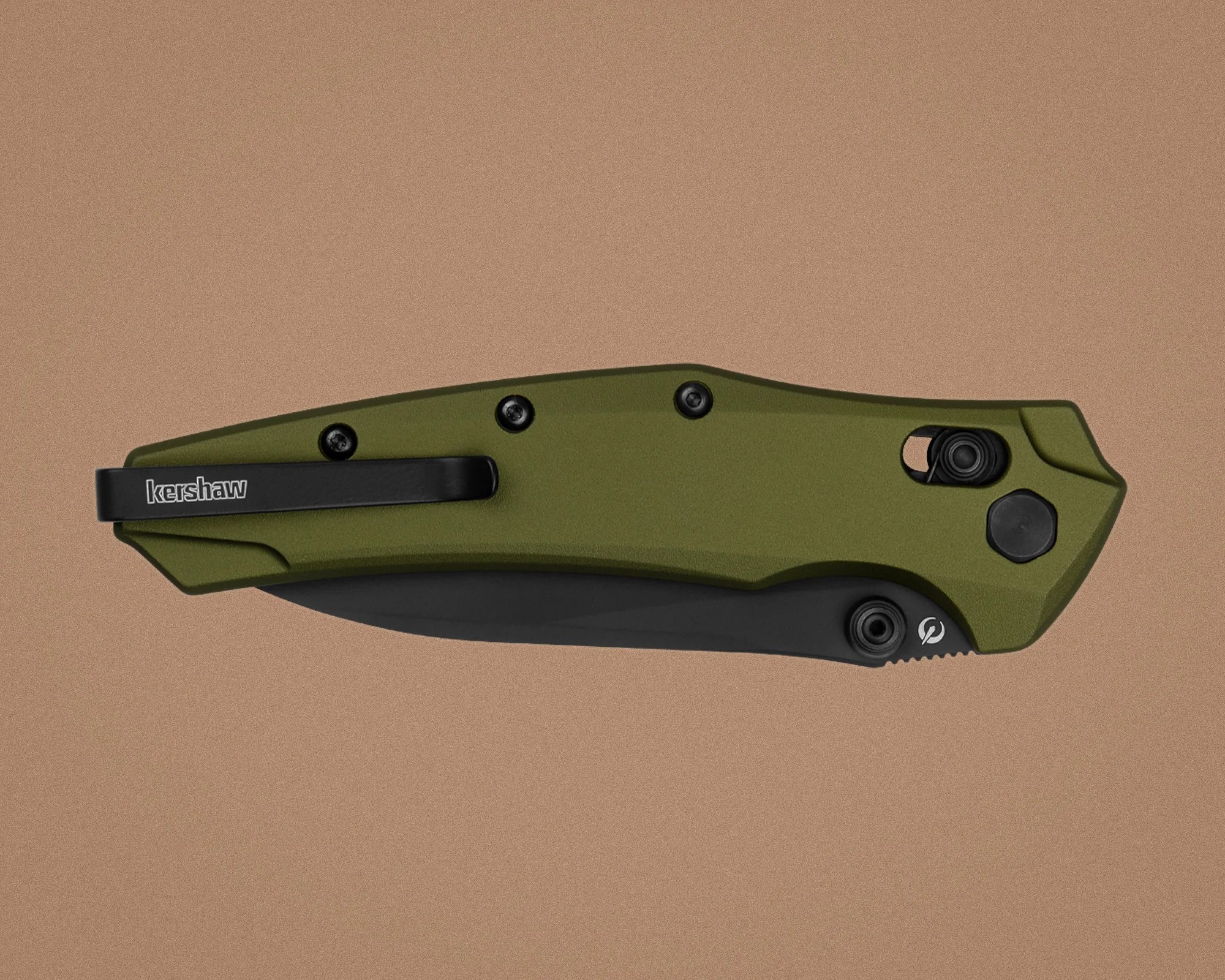 Folded olive green and black Kershaw pocket knife with a black clip on a tan background.