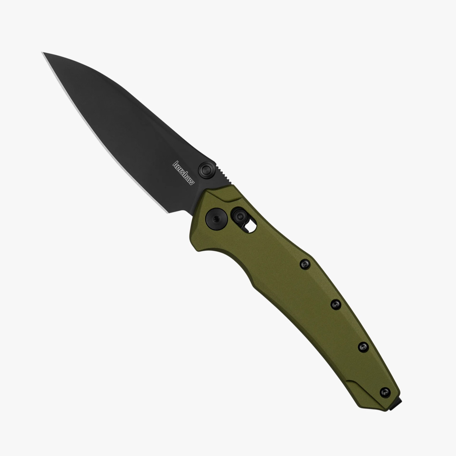 Folding knife with black blade and olive green handle, featuring a thumb stud and locking mechanism.