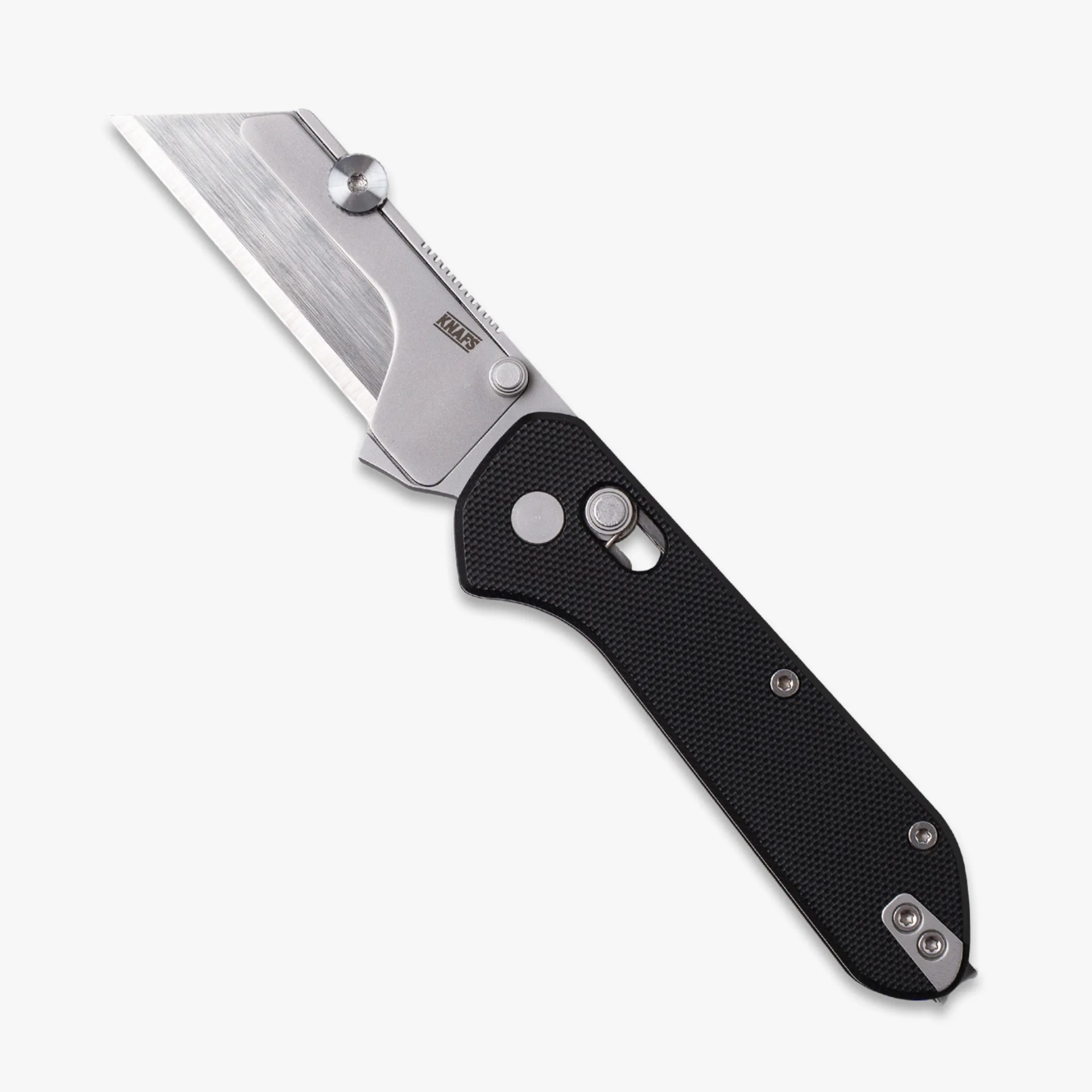 Folding utility knife with a silver blade and textured black handle.