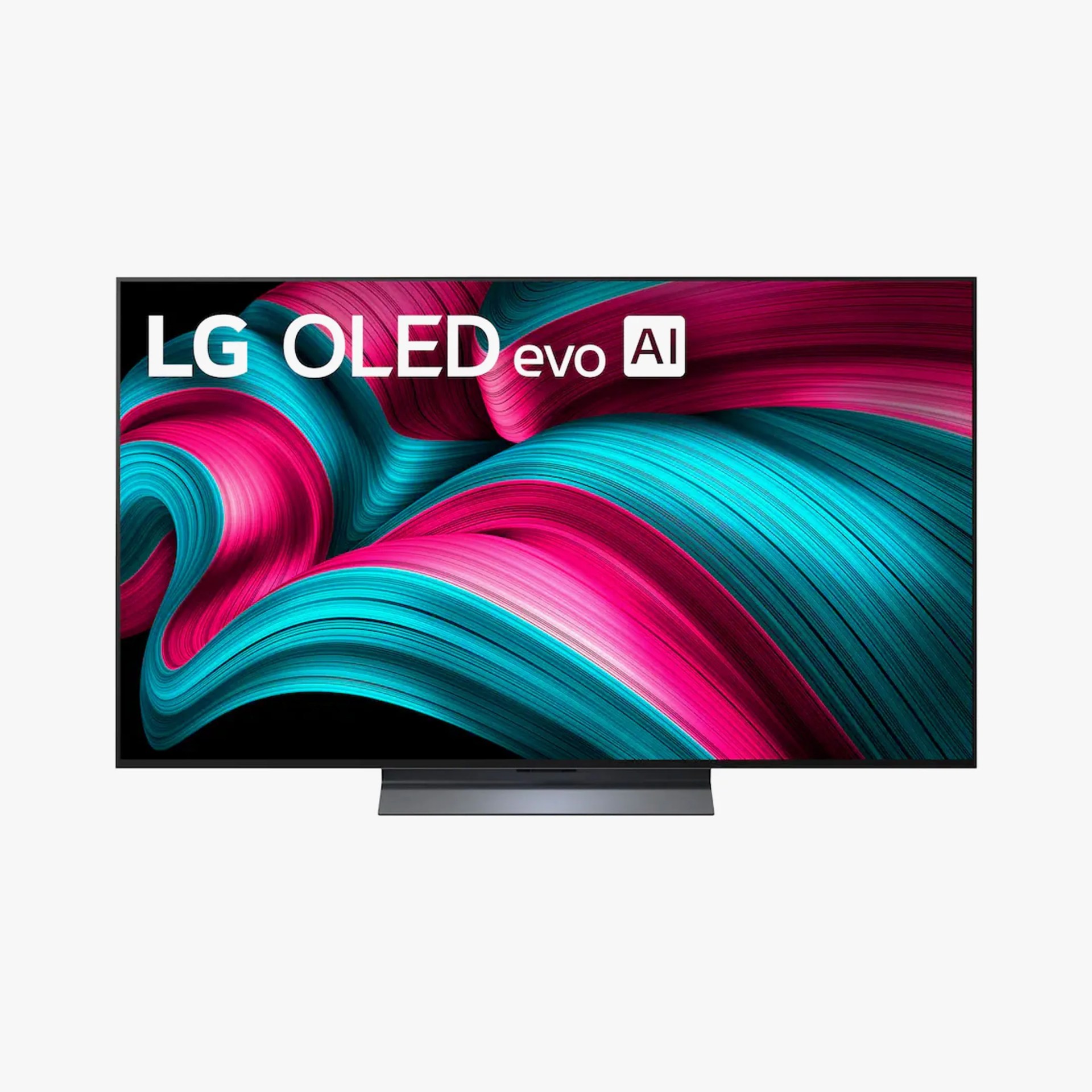 Flat-screen LG OLED evo AI television with vibrant pink and blue abstract display on a gray stand.