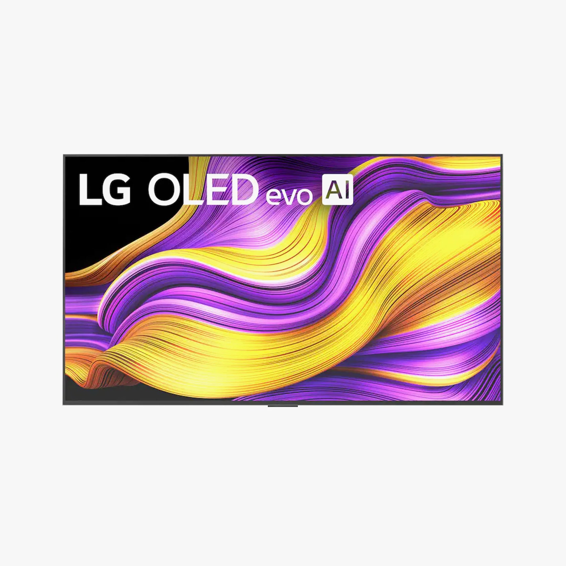 LG OLED evo AI flat-screen TV displaying abstract purple and yellow wavy lines on screen.