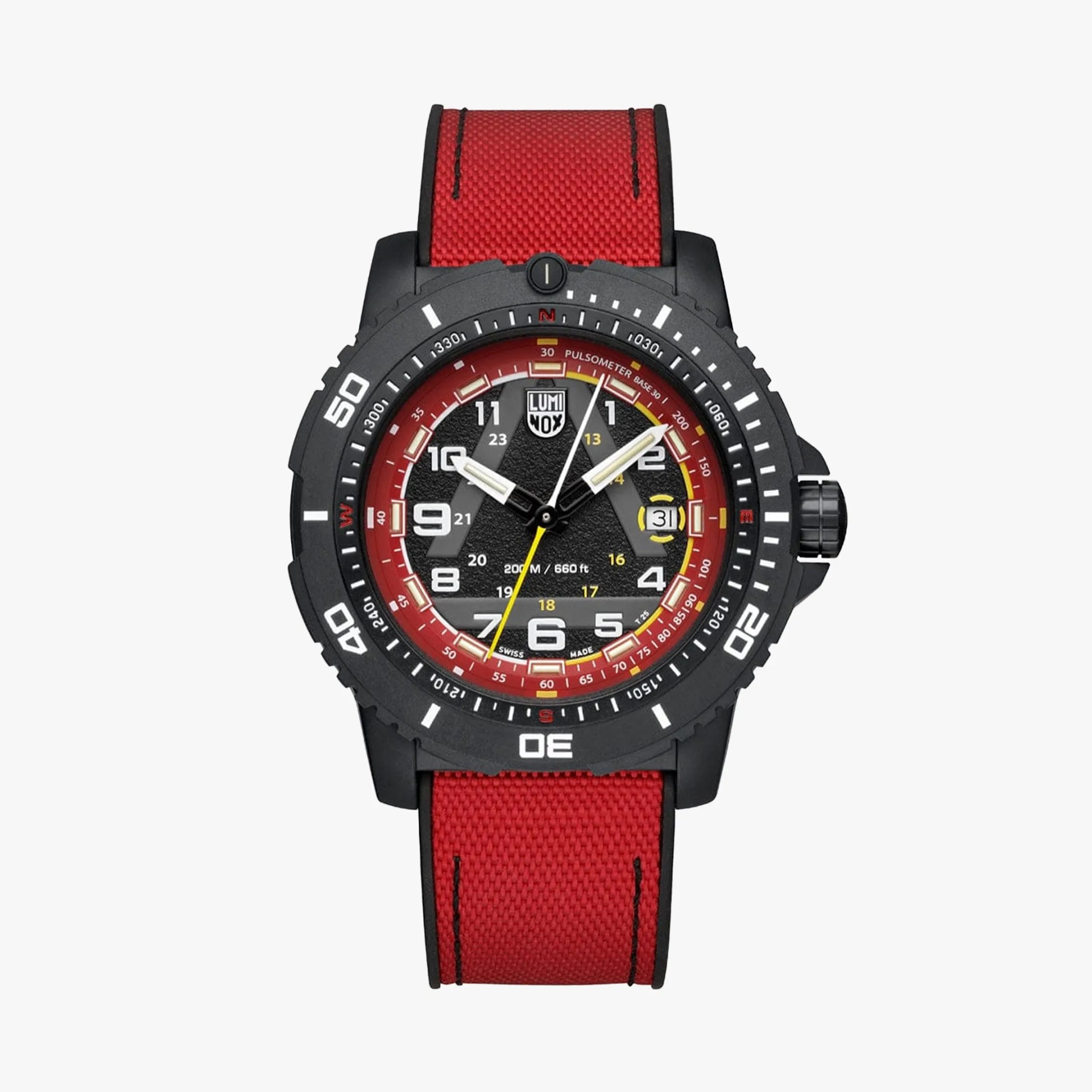 Black Luminox watch with red fabric strap, red and black dial, white numerals, and yellow second hand.