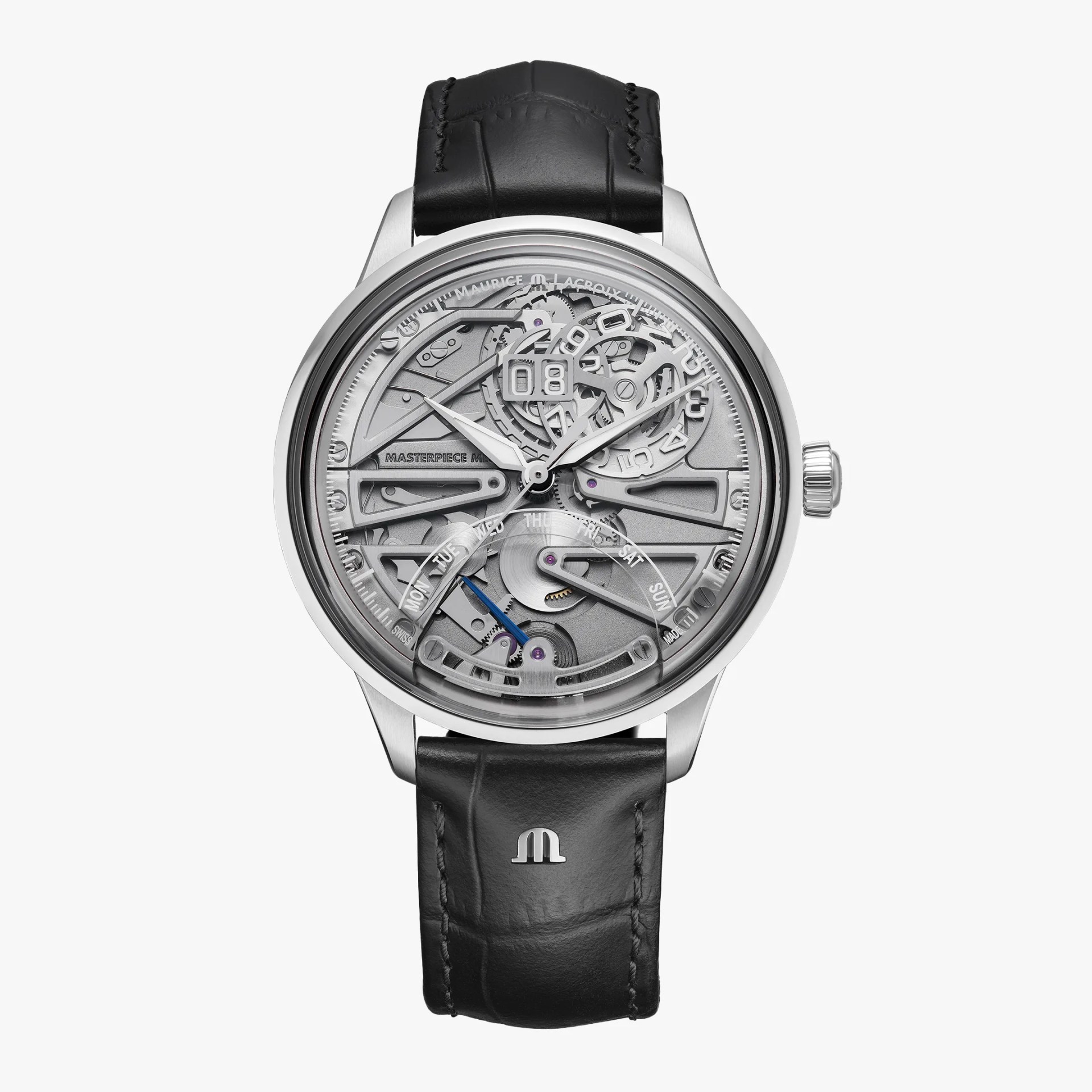 Skeleton silver dial wristwatch with black leather strap and visible mechanical gears.