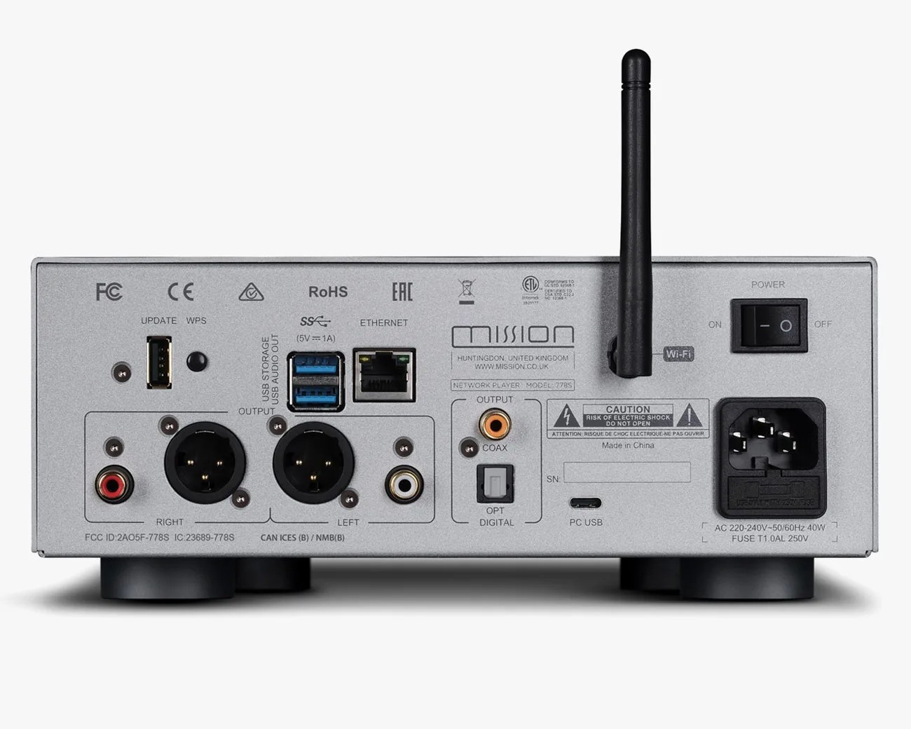 Silver network audio player with black antenna, USB ports, Ethernet port, XLR outputs, coaxial and optical digital outputs, and power switch.