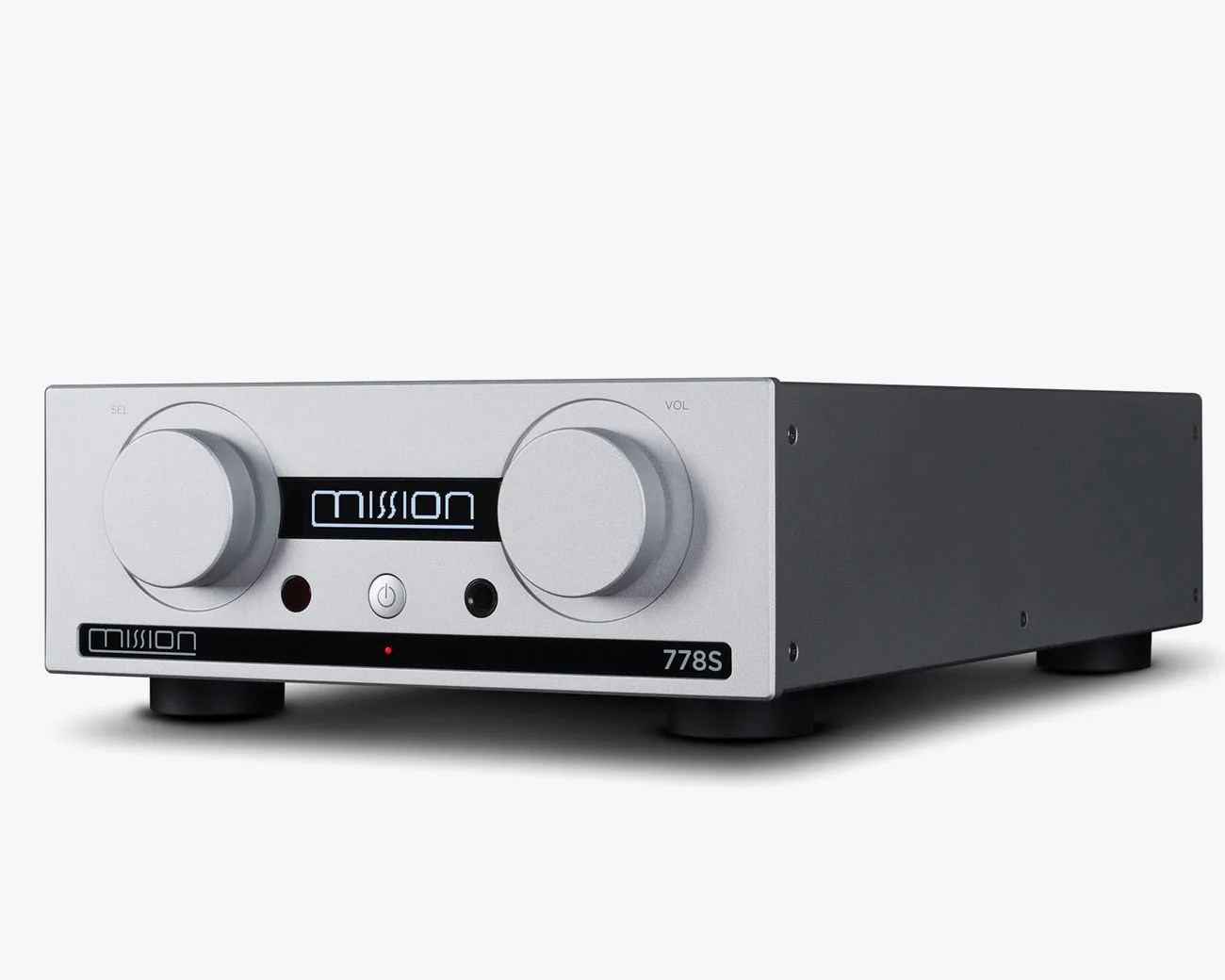 Silver and black Mission 778S audio amplifier with two large control knobs and digital display on front panel.