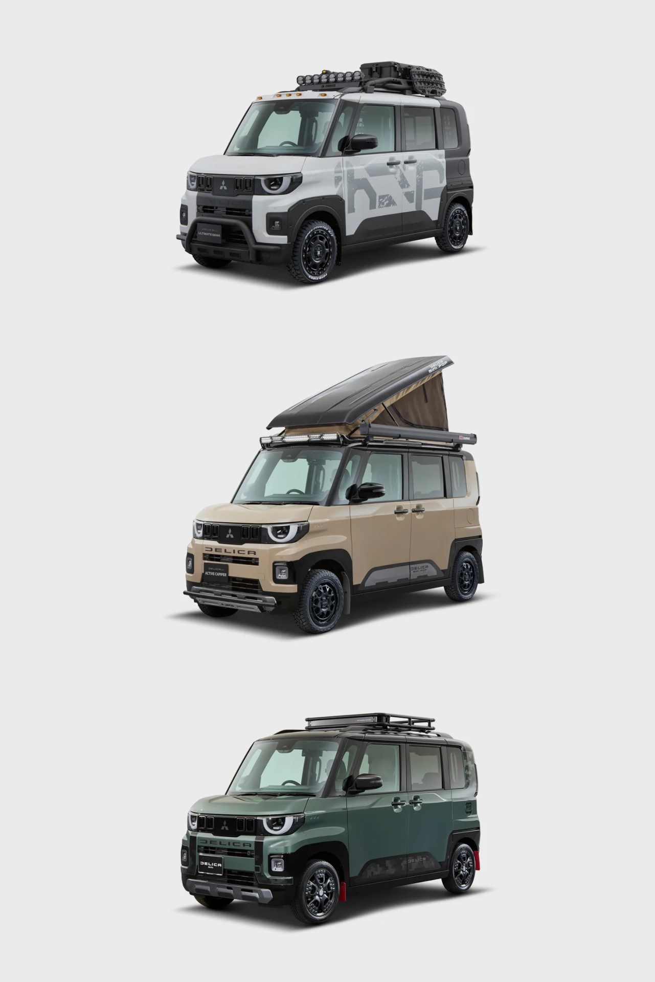 Three Mitsubishi Delica mini SUVs in white, beige with a pop-up roof tent, and green with a roof rack, all shown on a white background.