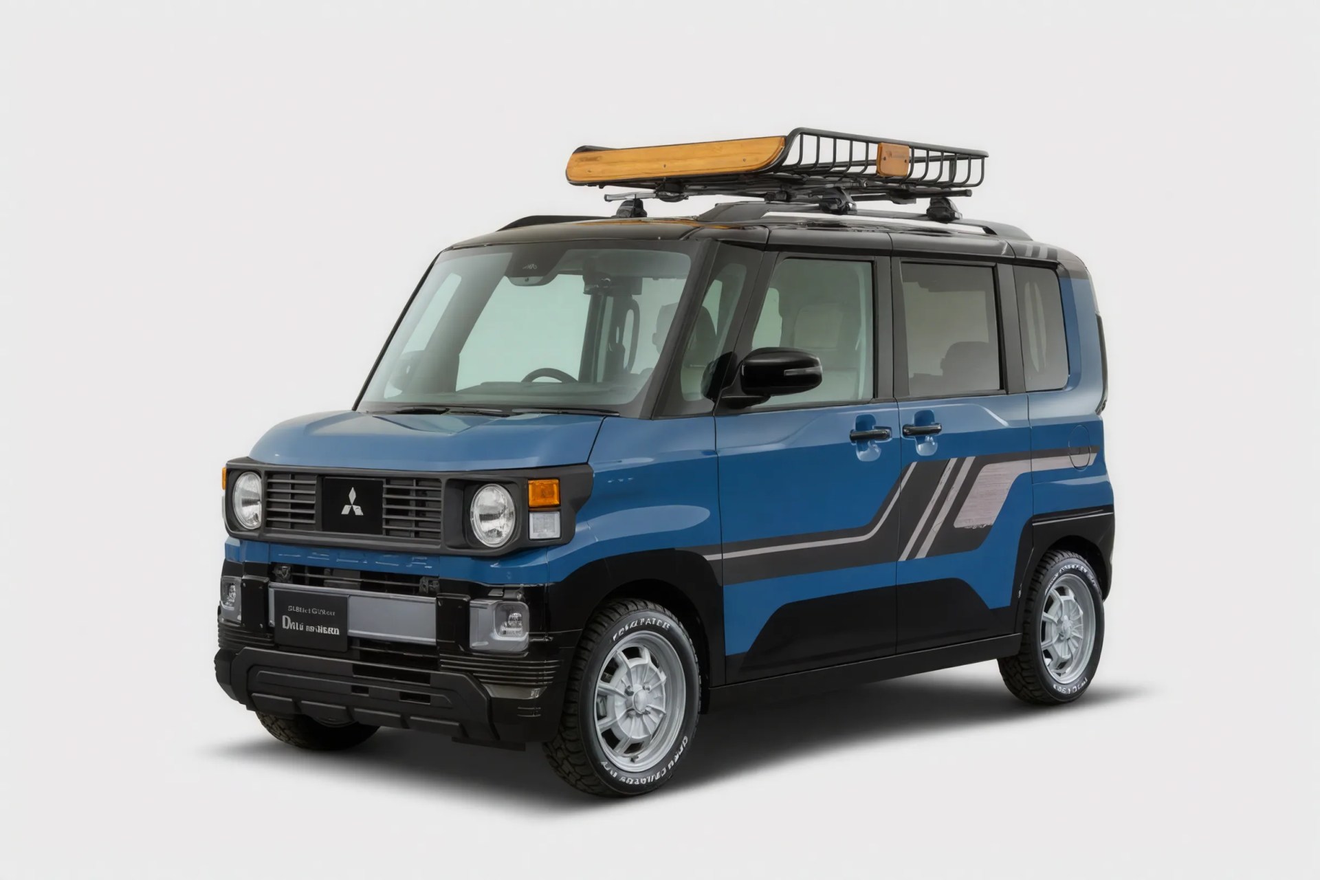 Blue and black compact Mitsubishi SUV with roof rack and retro-style graphics on a white background.