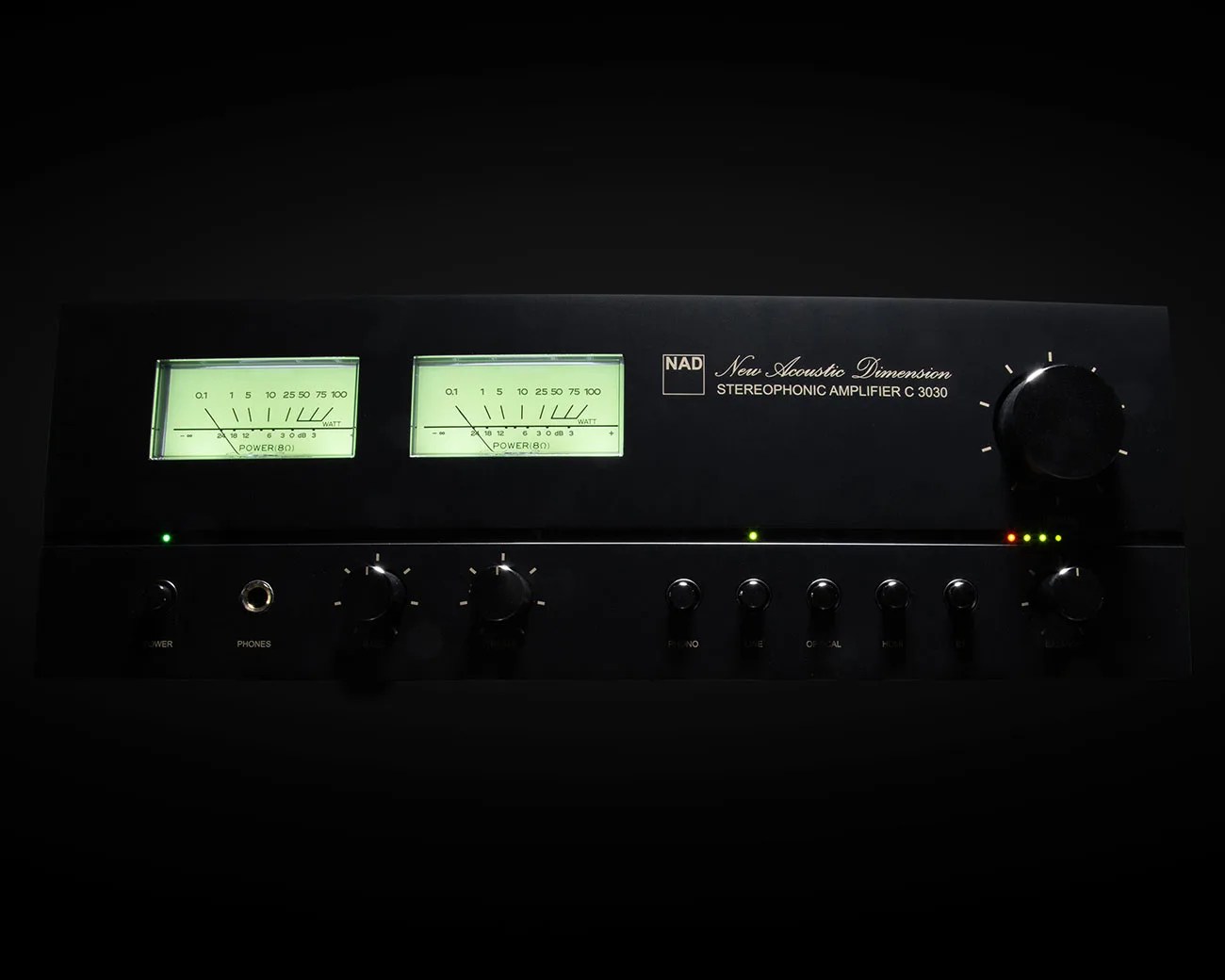 Black NAD New Acoustic Dimension stereophonic amplifier with illuminated power meters and multiple control knobs.