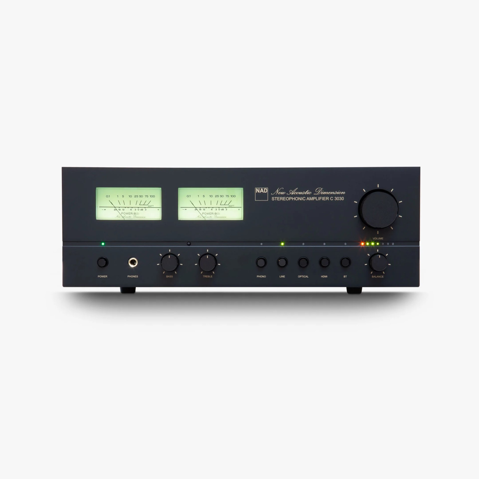 Black NAD New Acoustic Dimension C 3030 stereophonic amplifier with illuminated power meters and multiple control knobs.