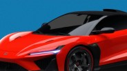Red Honda sports car front with sleek LED headlights and black roof against blue background.