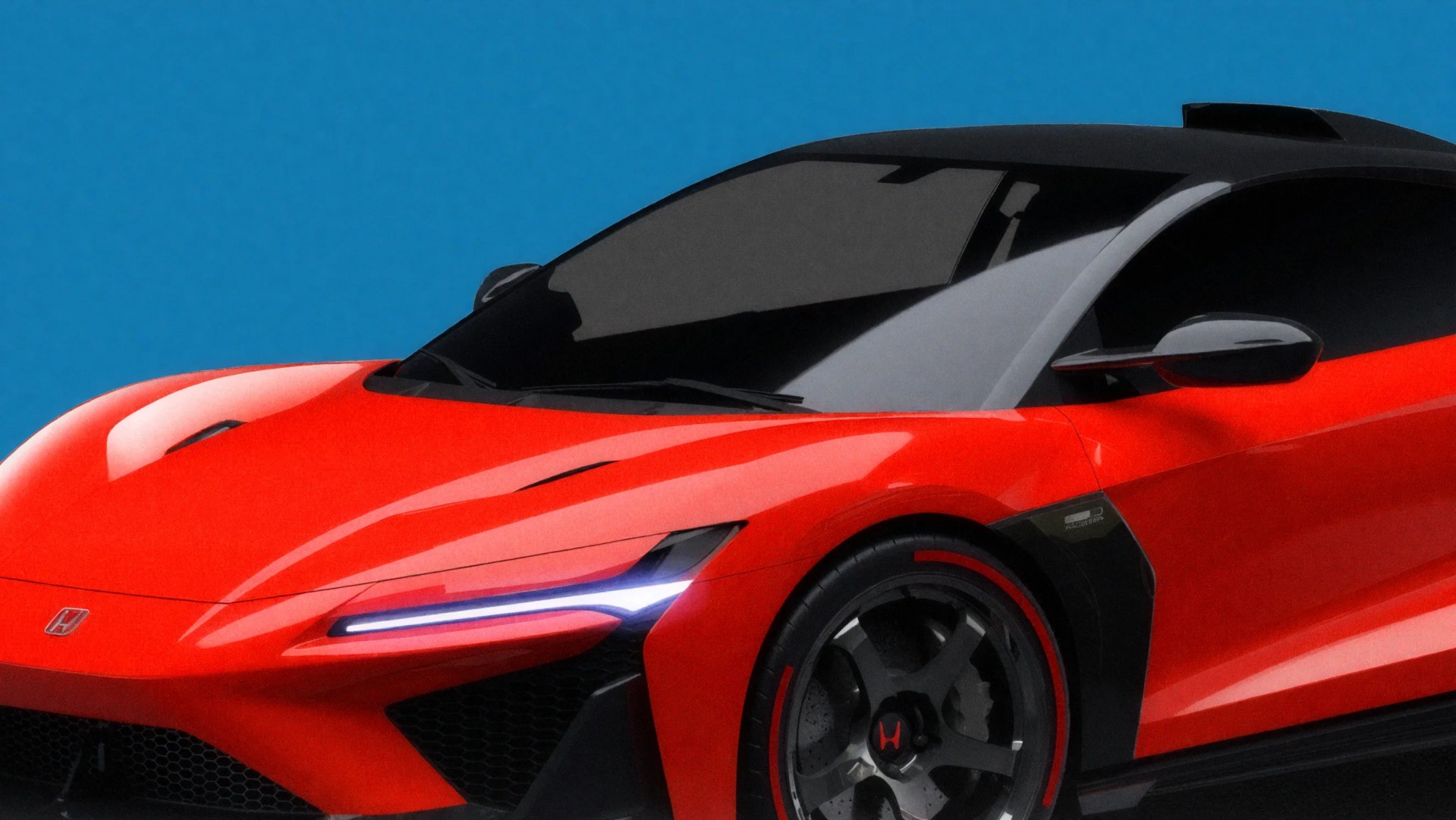 Red Honda sports car front with sleek LED headlights and black roof against blue background.