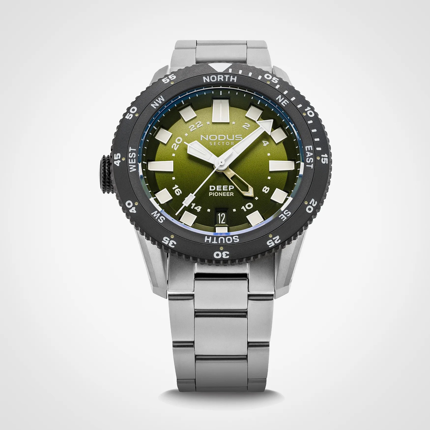 Stainless steel wristwatch with green dial, large white markers, black rotating bezel with compass markings, and date window.
