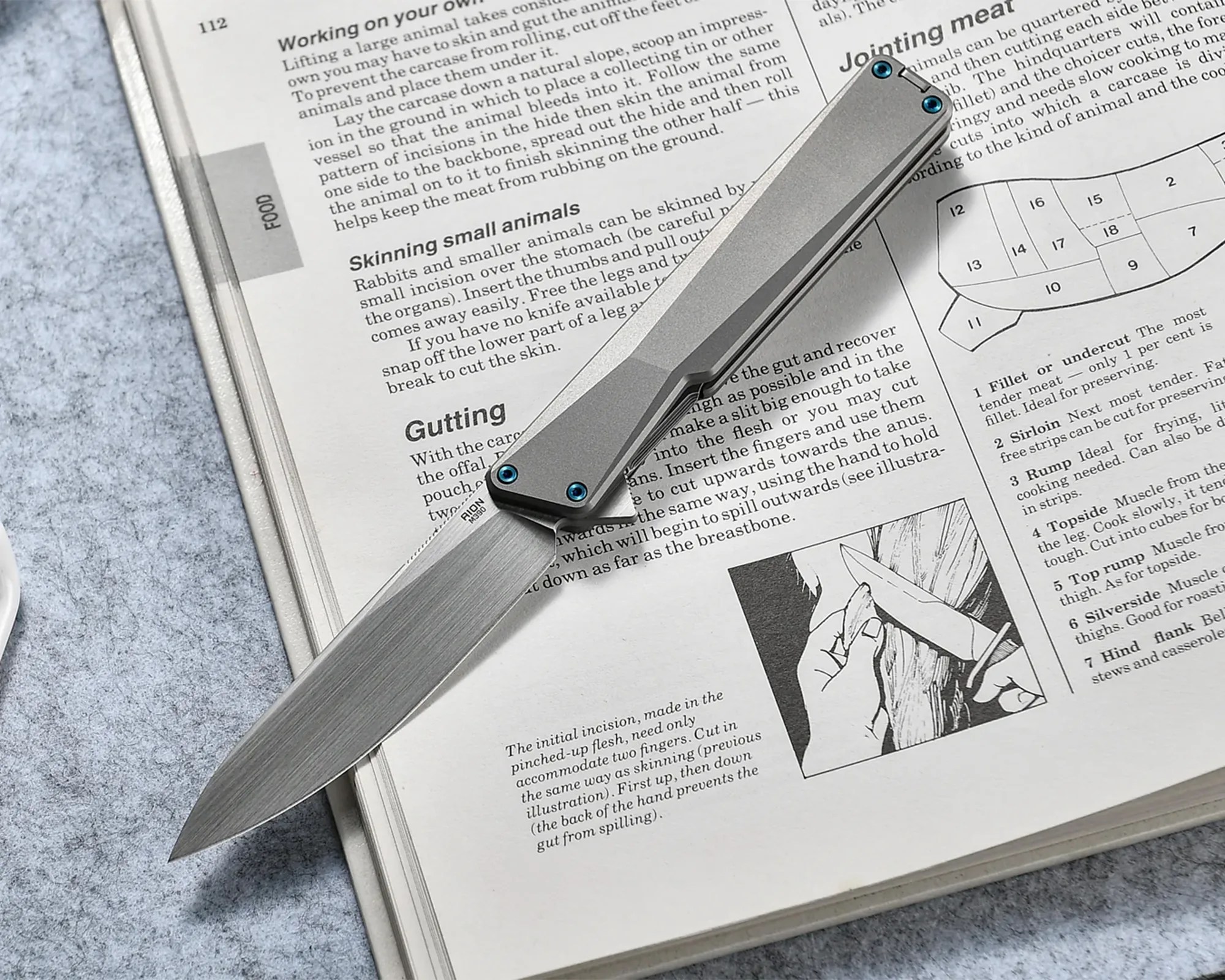Silver folding knife with blue screws on a book page about skinning and gutting animals.