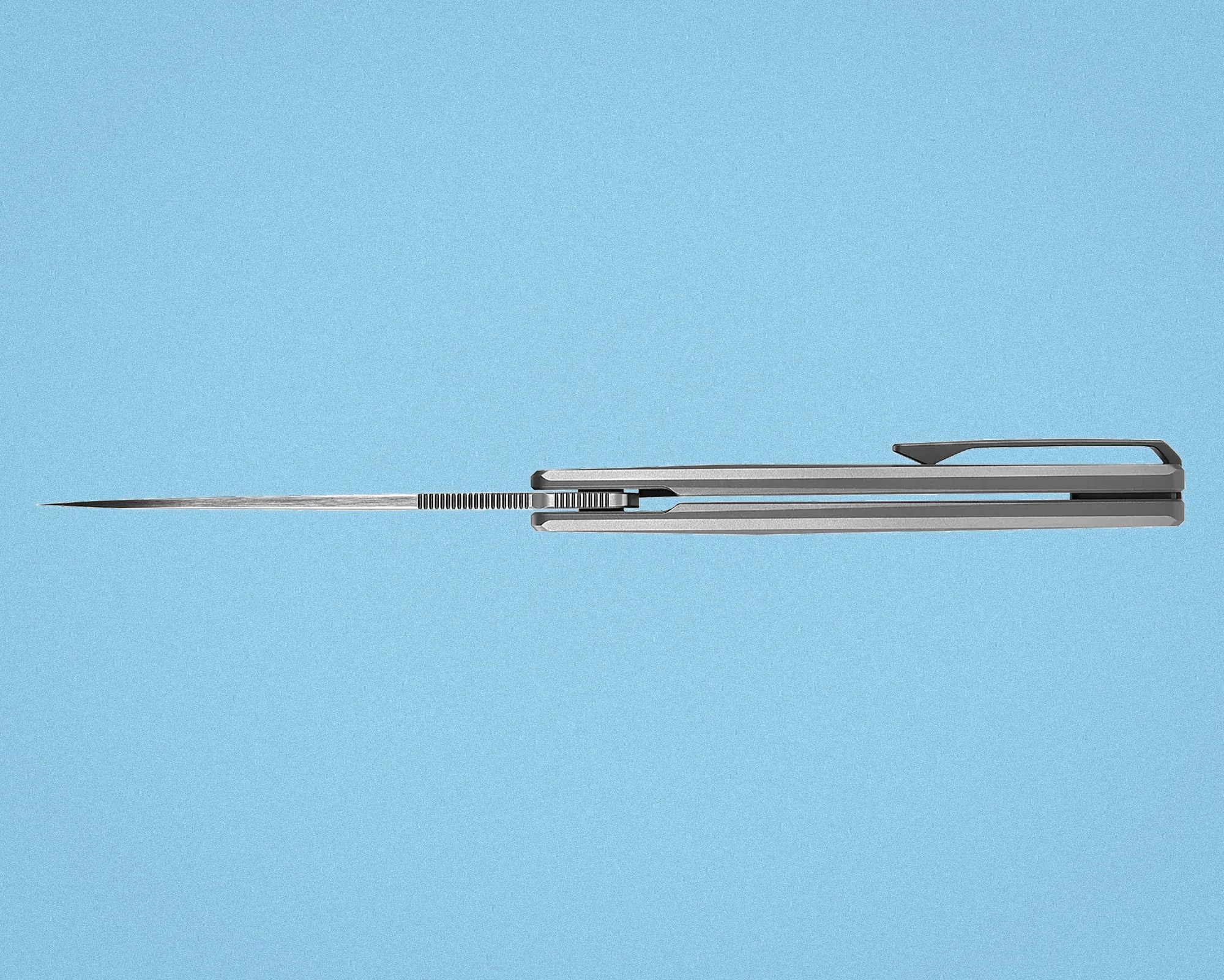 Slim silver folding knife with a clip, shown open from the side on a blue background.