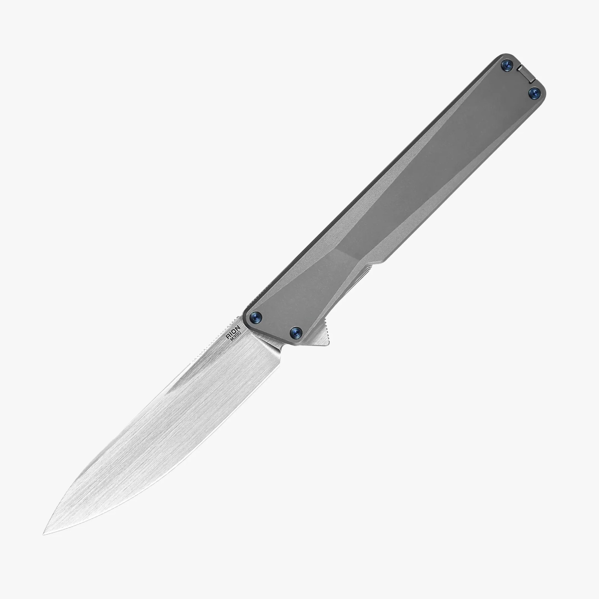 Folding knife with a brushed steel blade and a matte gray handle secured by blue screws.