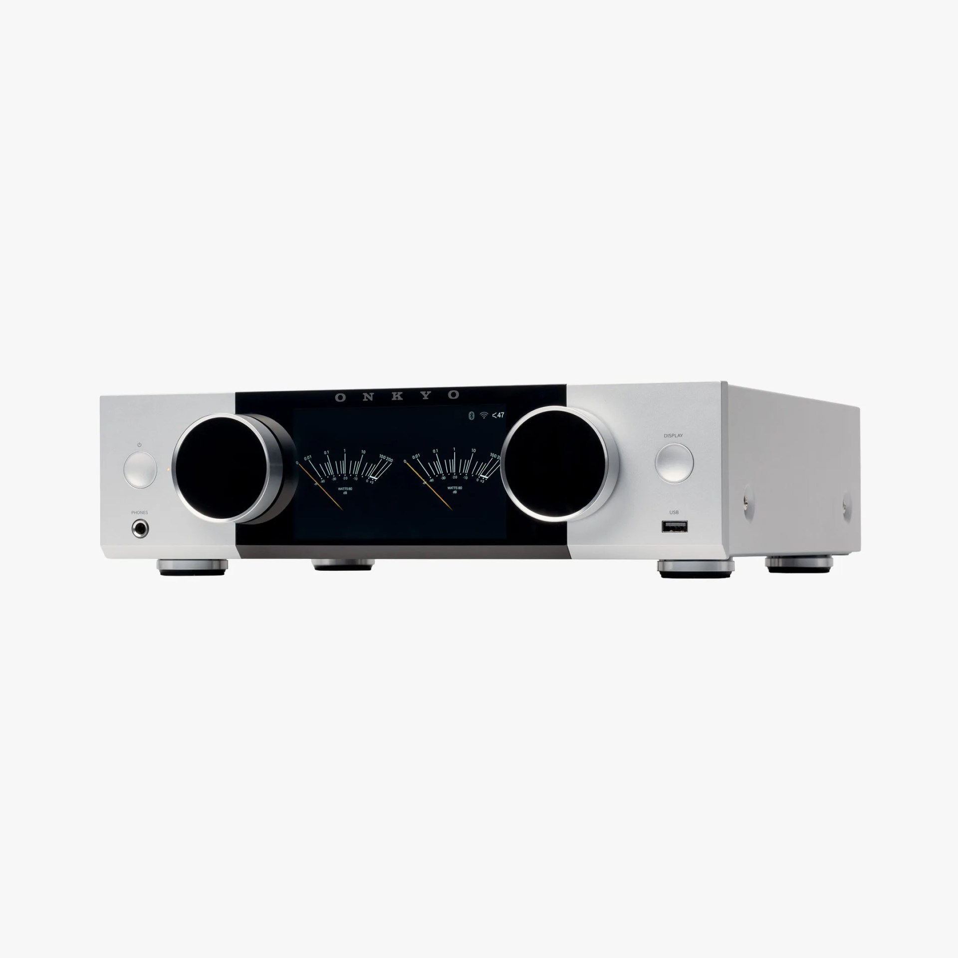Silver Onkyo audio amplifier with dual large knobs and analog watt meters on a black display panel.