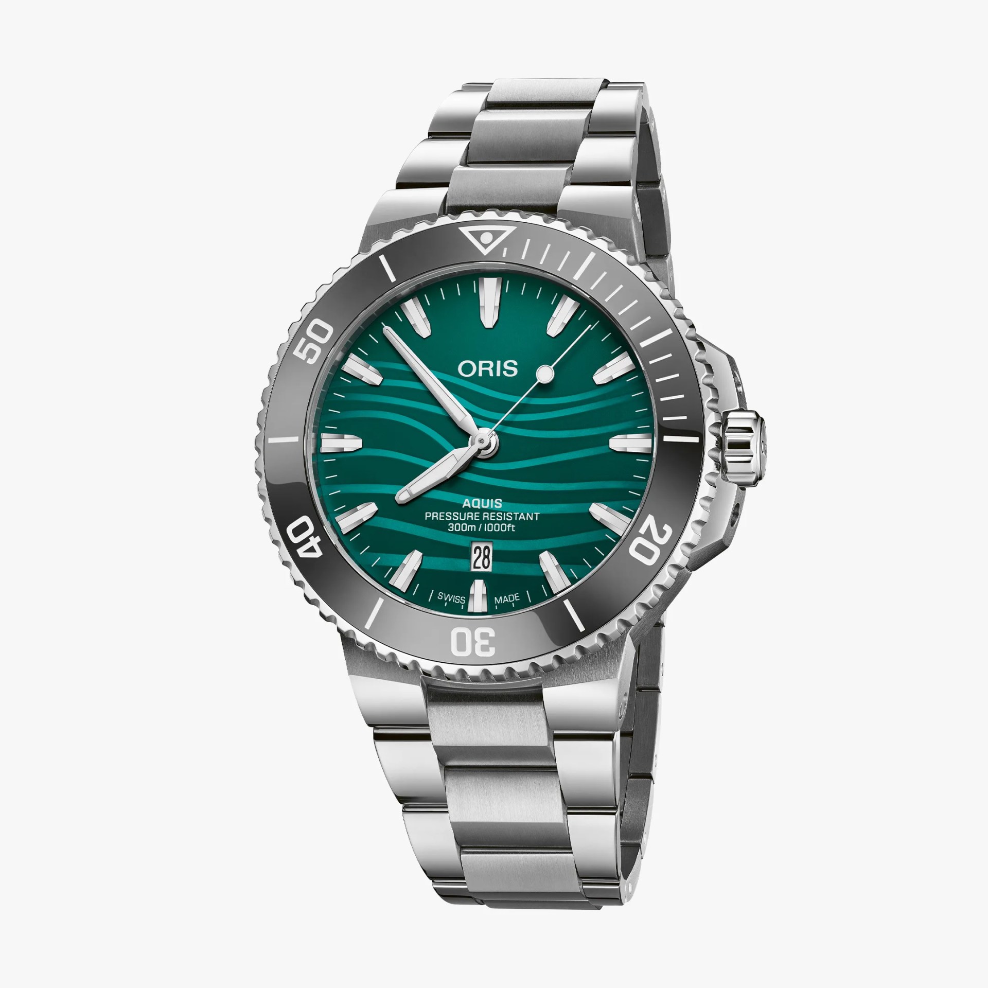 Stainless steel Oris Aquis dive watch with green wave-patterned dial and date window at 6 o'clock.