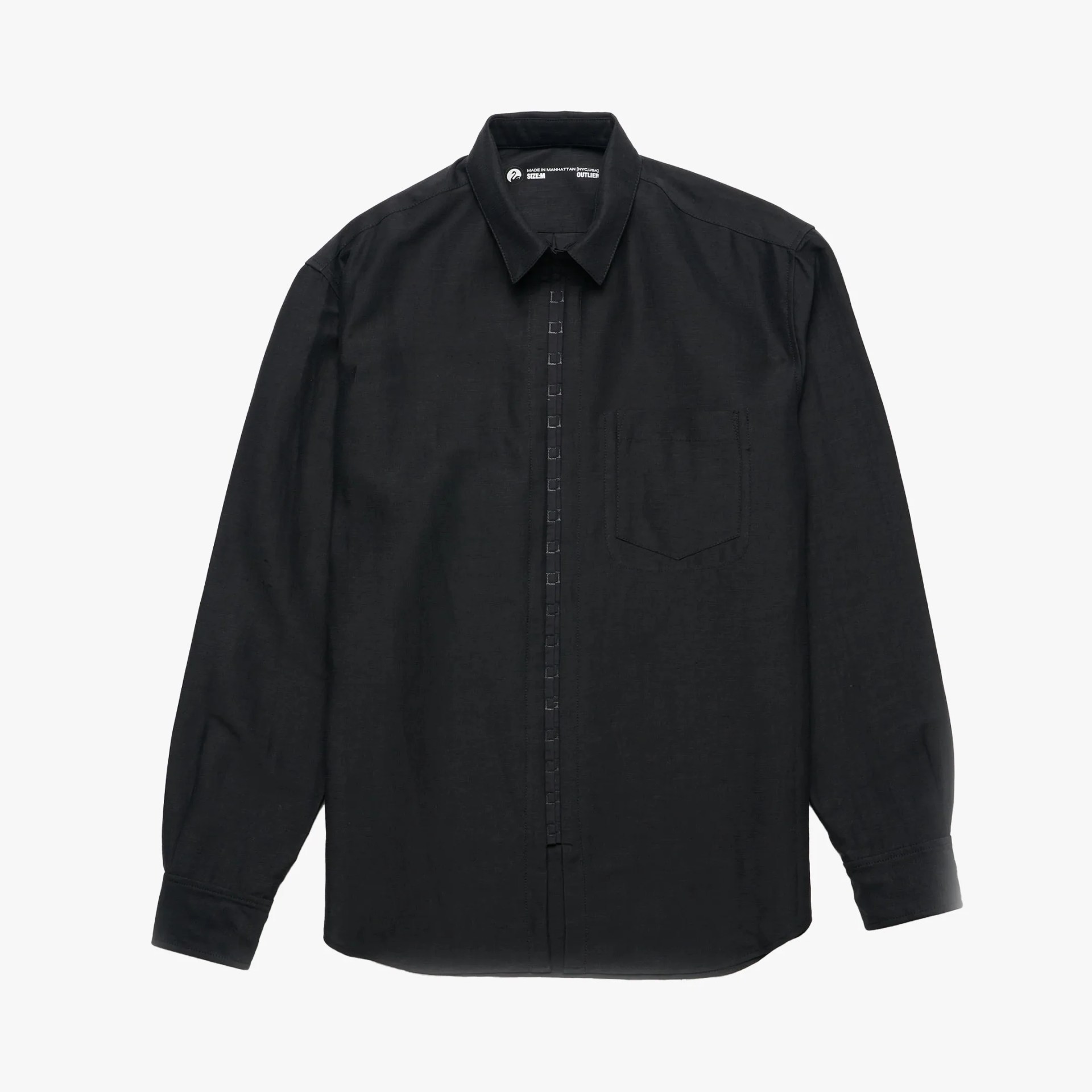 Black long-sleeve button-up shirt with a chest pocket and a pointed collar.
