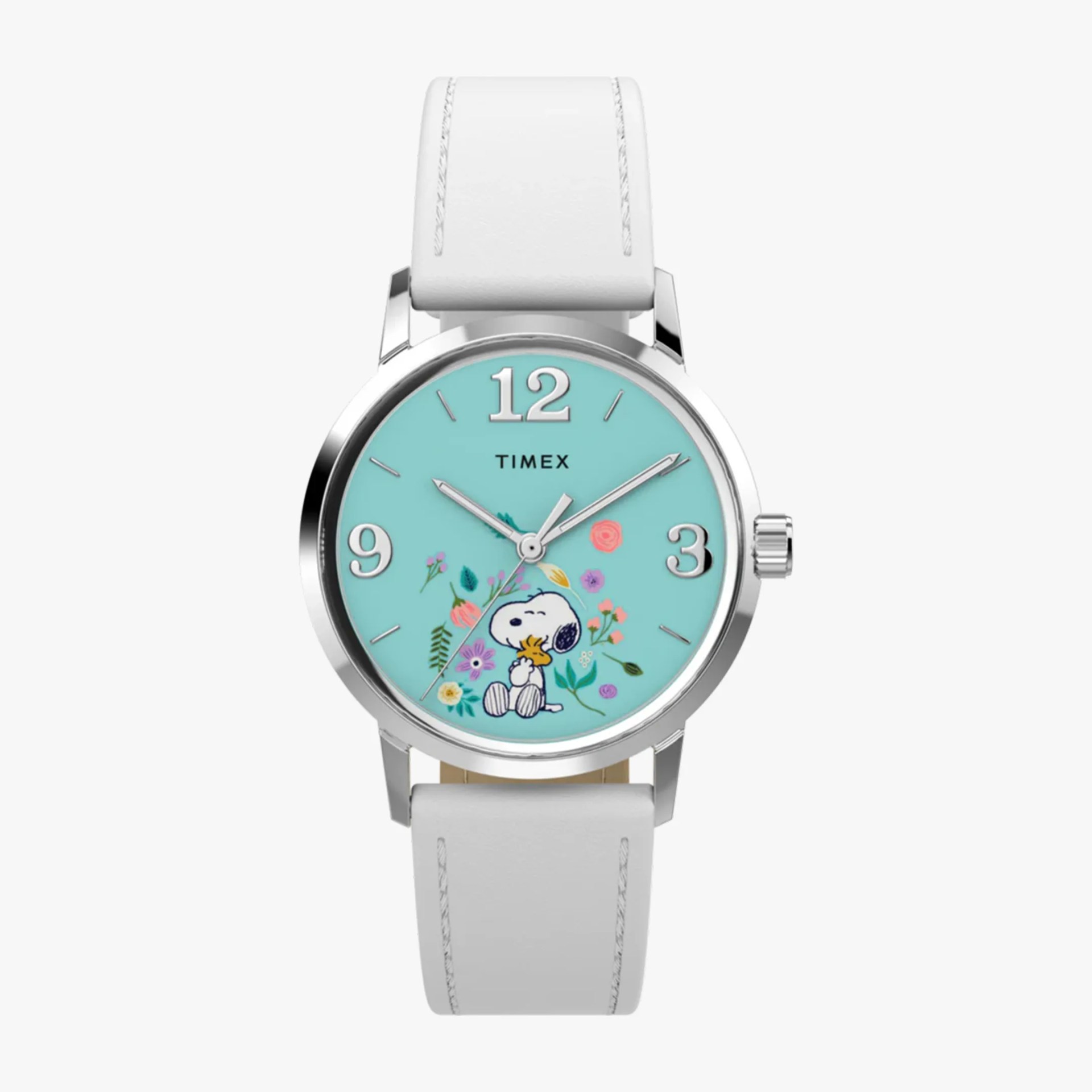 Silver Timex wristwatch with white leather strap and turquoise dial featuring Snoopy and floral designs.