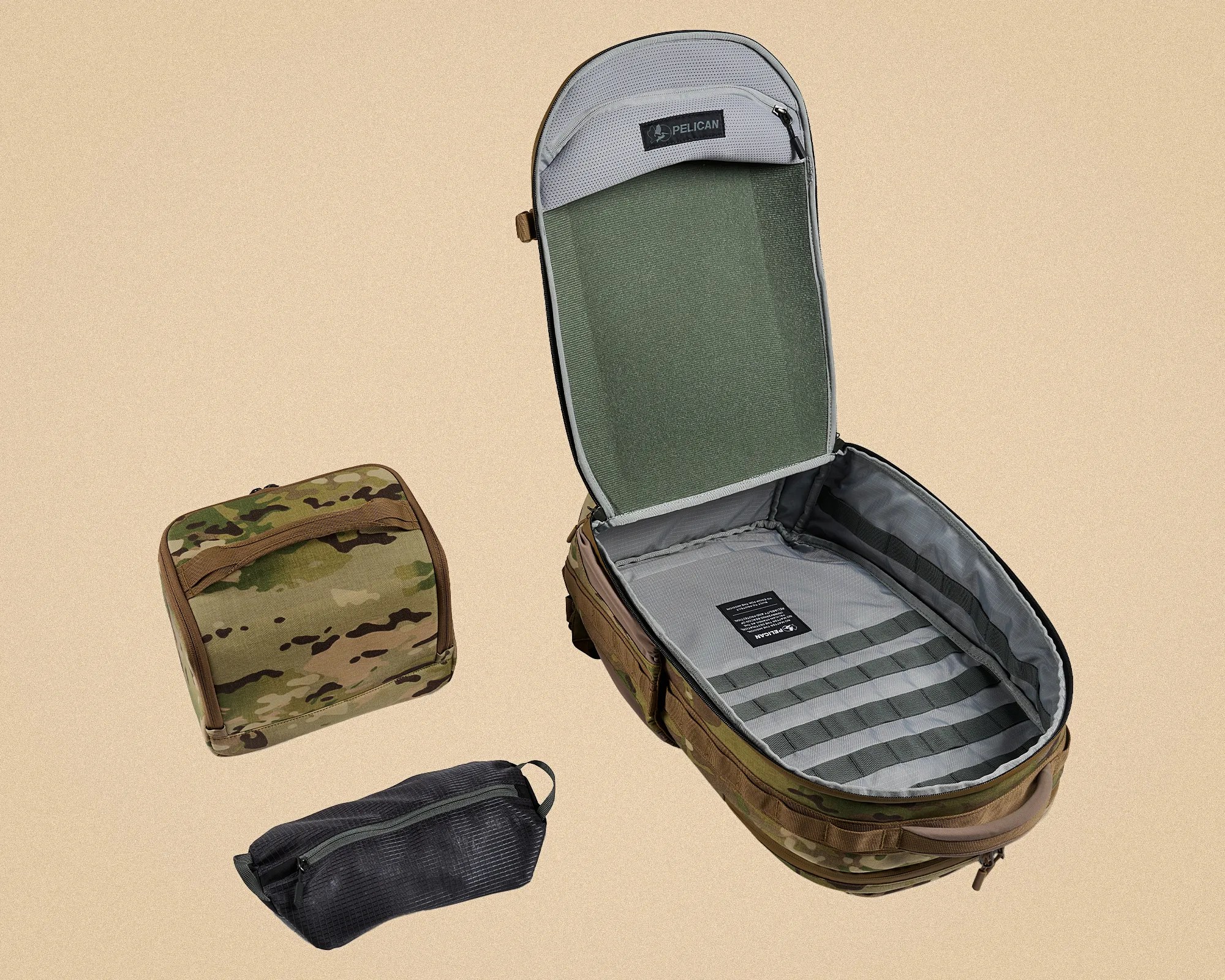 Open camouflage Pelican tactical bag with gray interior and two smaller pouches, one camouflage and one black.