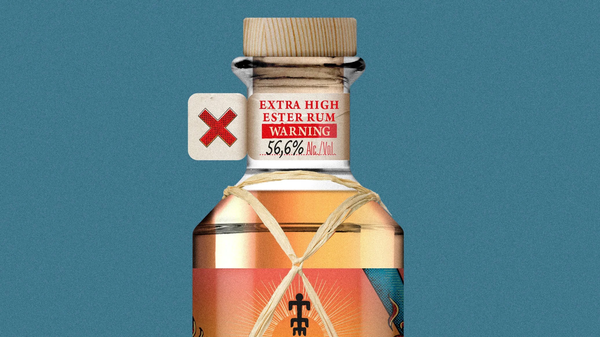 Glass bottle with wooden cork labeled "Extra High Ester Rum Warning 56.6% Alc./Vol." on a blue background.