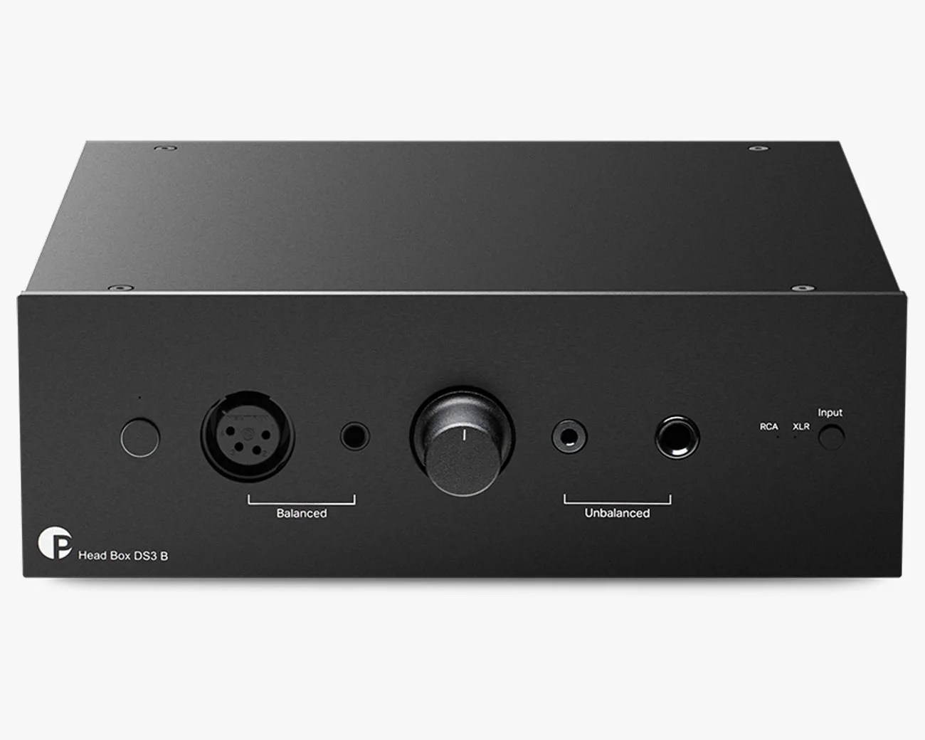Black rectangular audio amplifier with balanced and unbalanced headphone jacks and a central volume knob.