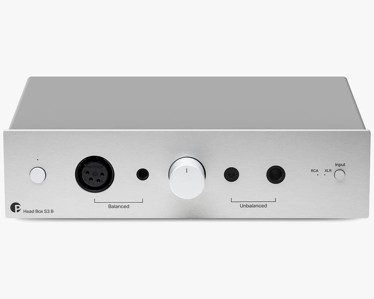 Silver Schiit Head Box S3 B headphone amplifier with balanced and unbalanced input ports and a central volume knob.