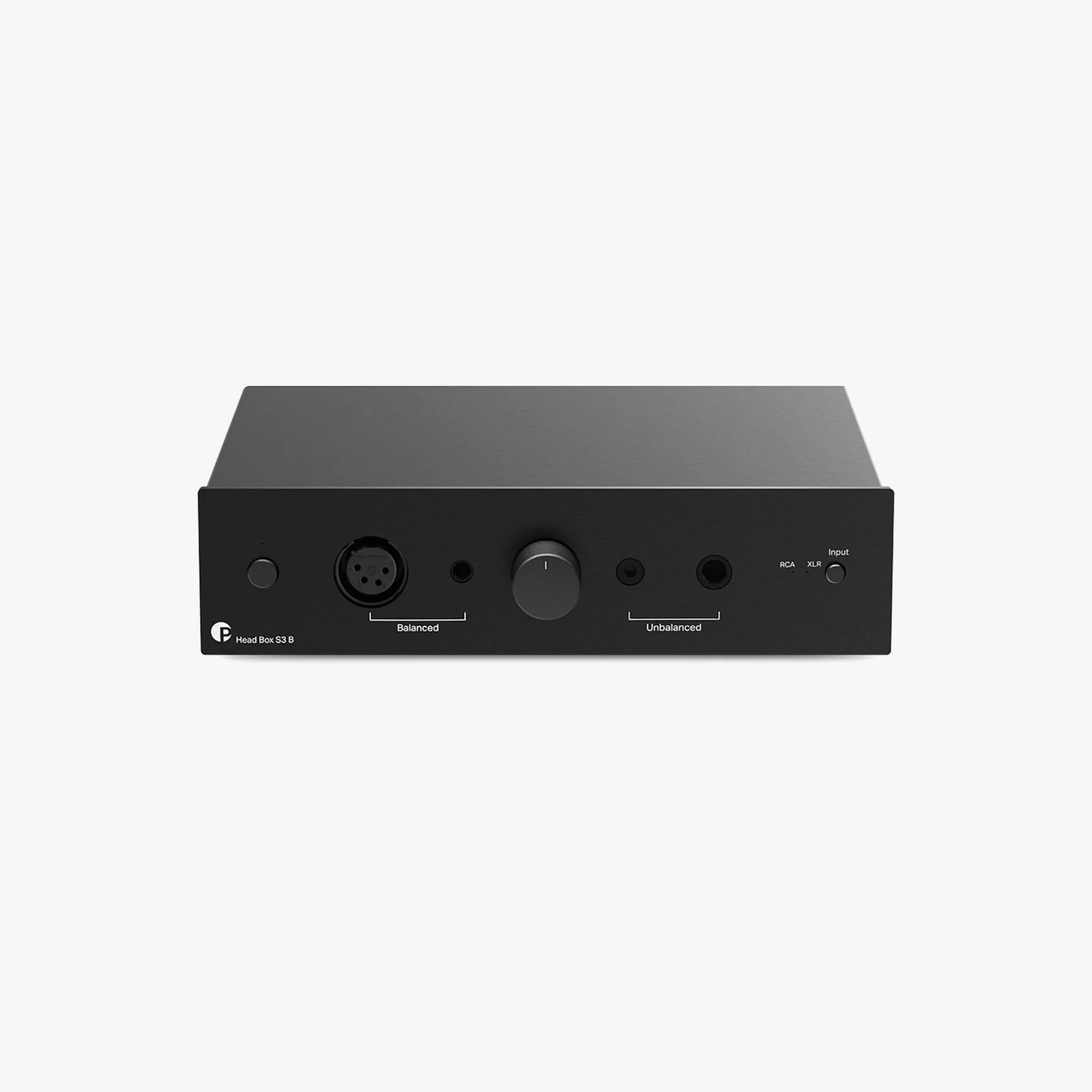 Black rectangular audio device with balanced and unbalanced headphone jacks and a central volume knob.